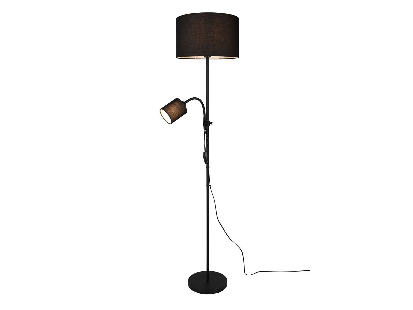 Reality Leuchten LED Stehlampe, Lesearm, LED wechselbar, Warmweiß, Design-klassiker mit Leselampe Lampenschirm-e Stoff Schwarz Höhe 160cm