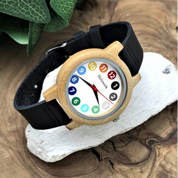 Holzwerk Quarzuhr RAINBOW BLACK bunte kleine Damen Leder & Holz Armband Uhr, schwarz