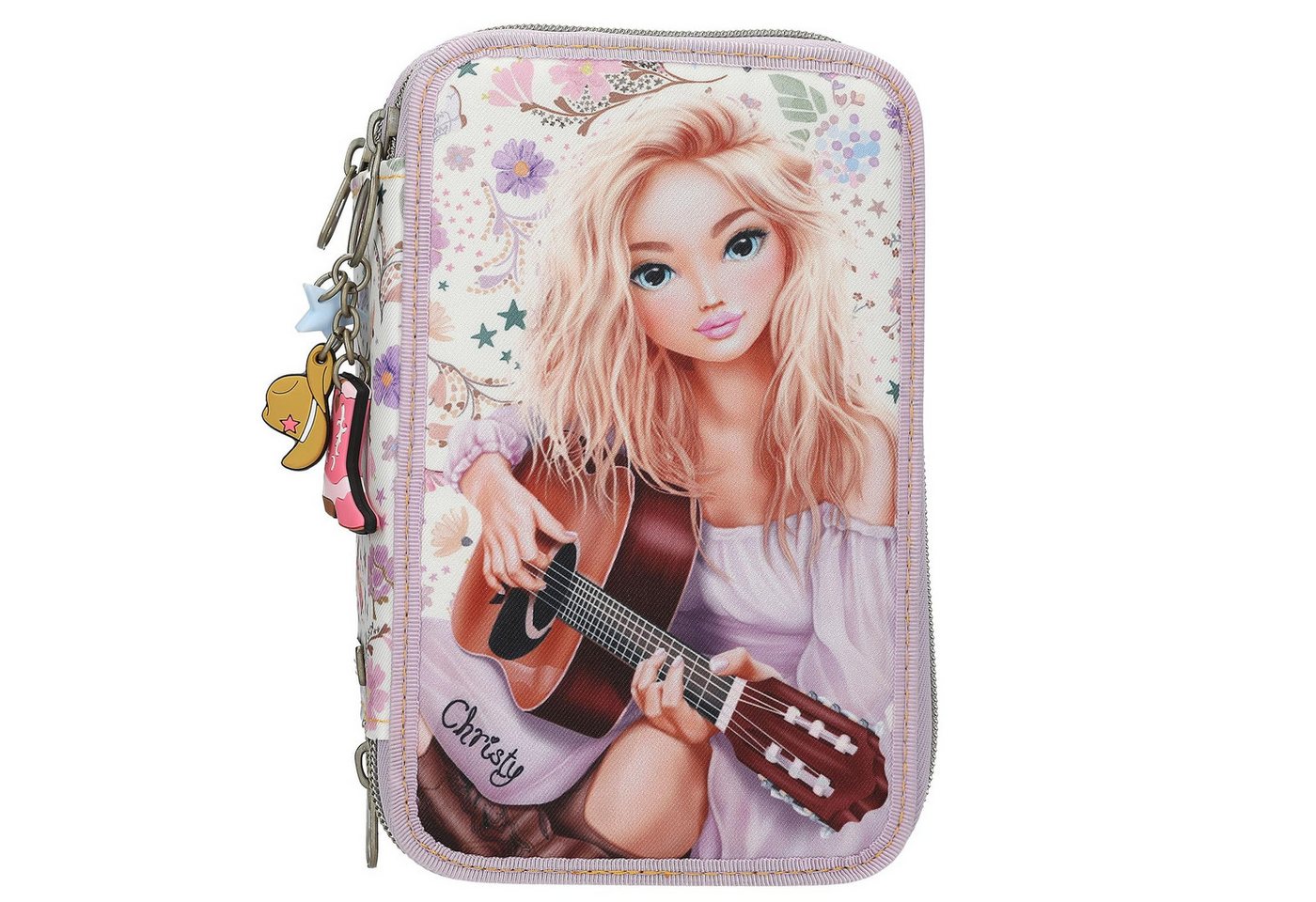 Depesche Federmäppchen Gefüllte 3-Fach Federtasche in Lila mit Model Motiv und Blumen-Muster, Buntstifte, Schere, Lineal und mehr enthalten