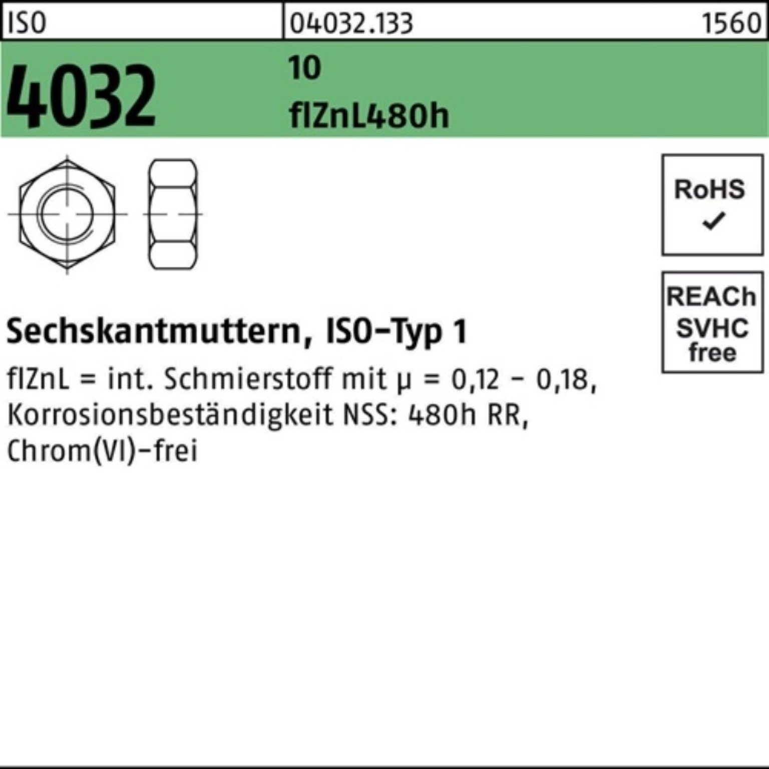Bufab Muttern 500er Pack Sechskantmutter ISO 4032 M10 10 zinklamellenb. 500 Stück I