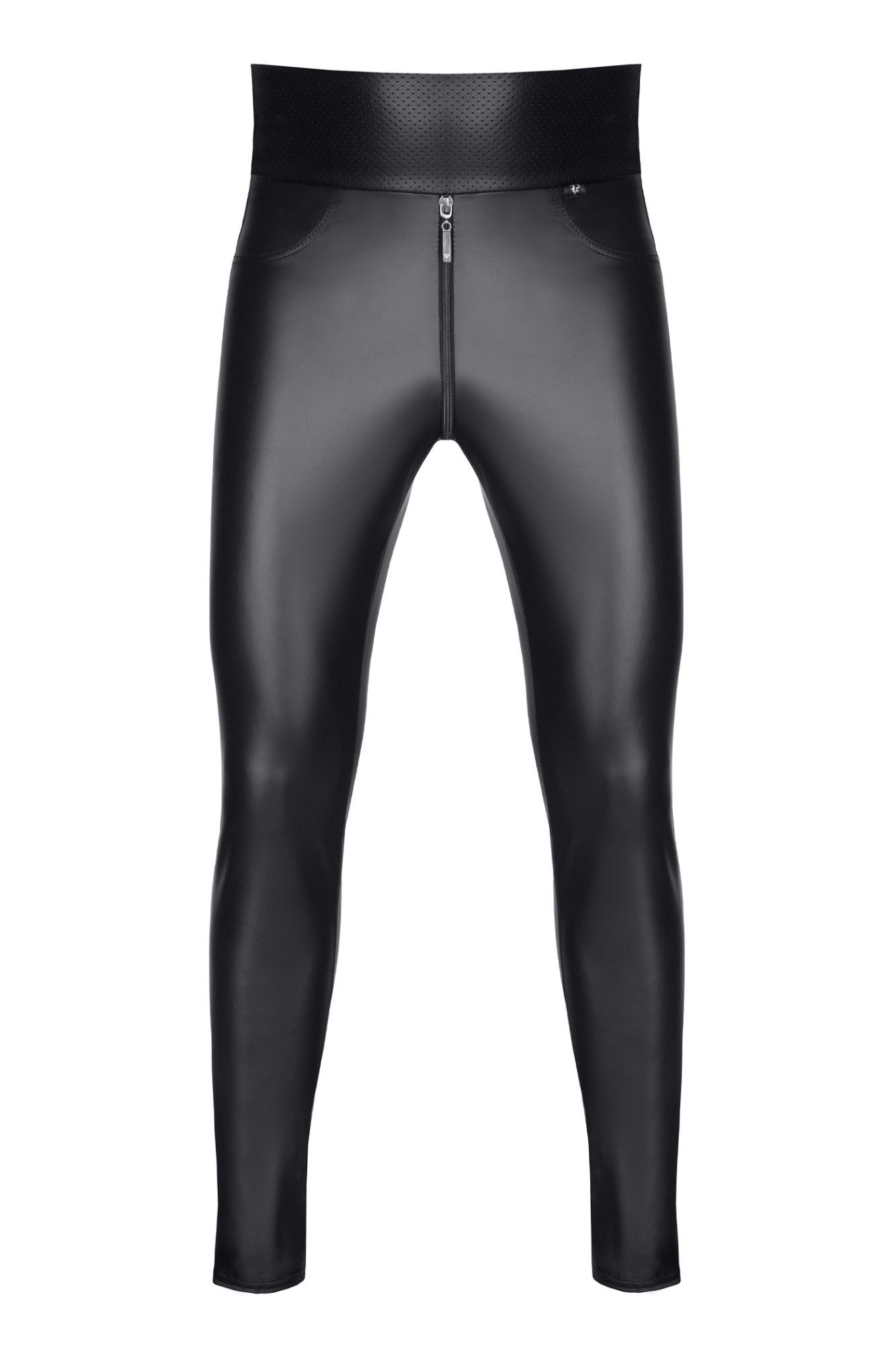 Lederimitathose Herren Leggings wetlook schwarz High Waist mit Reißverschluss vorne un