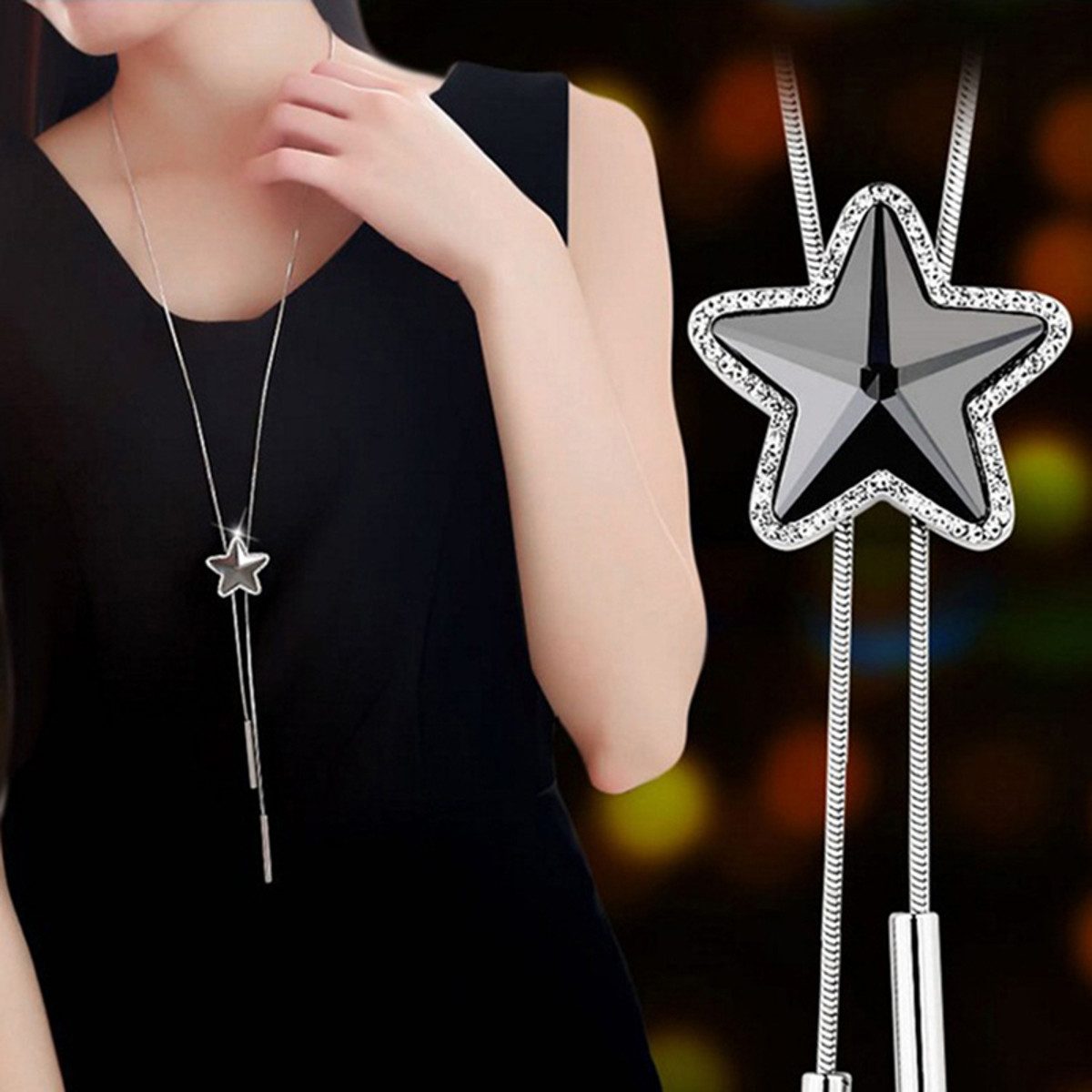 KARMA Lange Kette Damenhalskette Stern lang 87 cm Schwarz Silber (Sternkette Pulloverkette, Geschenk für Sie Damenschmuck), Halskette Damen Kristall Kette