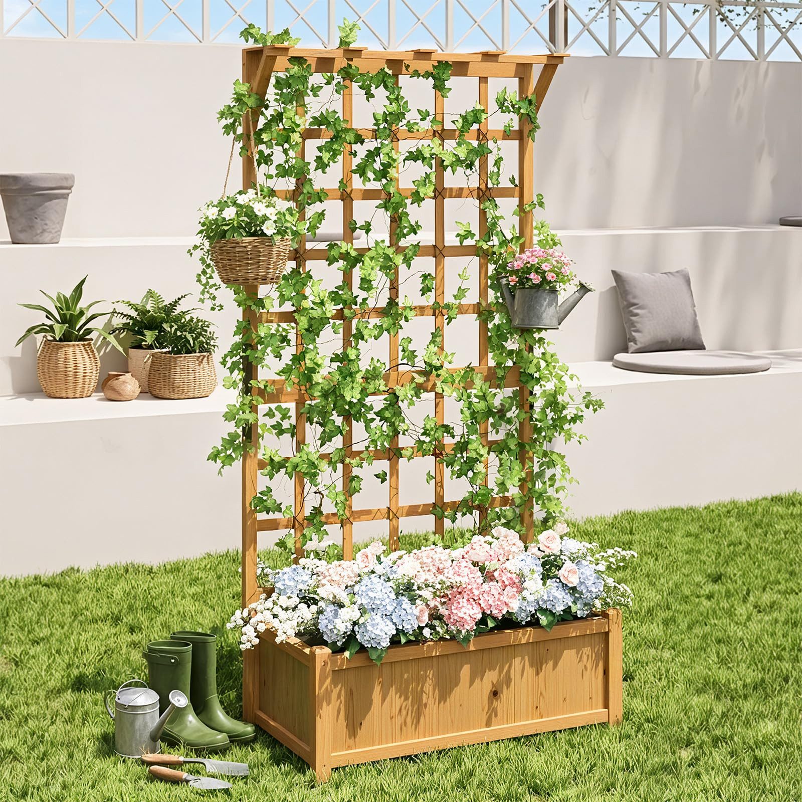 AOXUN Blumenkasten Pflanzkasten, Hochbeet mit Rankgitter und Hängedach (1 St), für Blumenampeln und Kletterpflanzen, 90x48x183cm – Bild 4 von 5