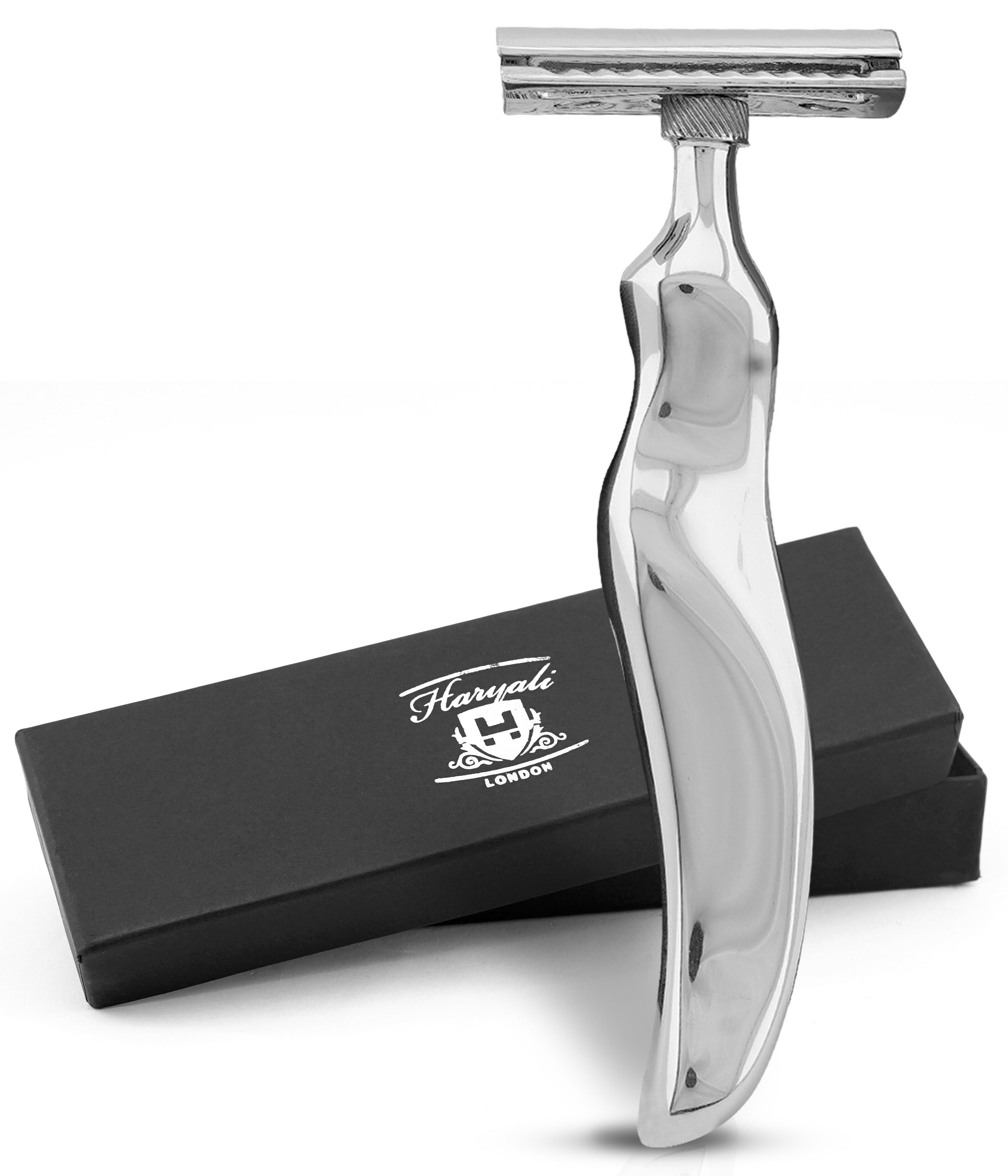 Haryali London Nassrasierer Rasierhobel mit Doppelklinge für Unisex, Edelstahl, gewellter Griff, Pack, Rutschfester Edelstahlrasierer mit zwei Ersatzklingen, Geeignet für alle Arten von zweischneidigen Rasierhobelklingen