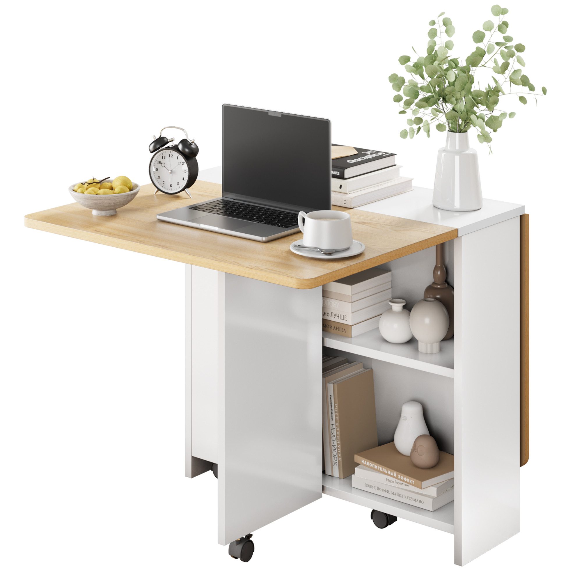 GarveeMore Esstisch klappbarer mit 2 Ablageflächen für 4 Personen, Küchentisch erweiterbar für Esszimmer,Küche,Büromöbel