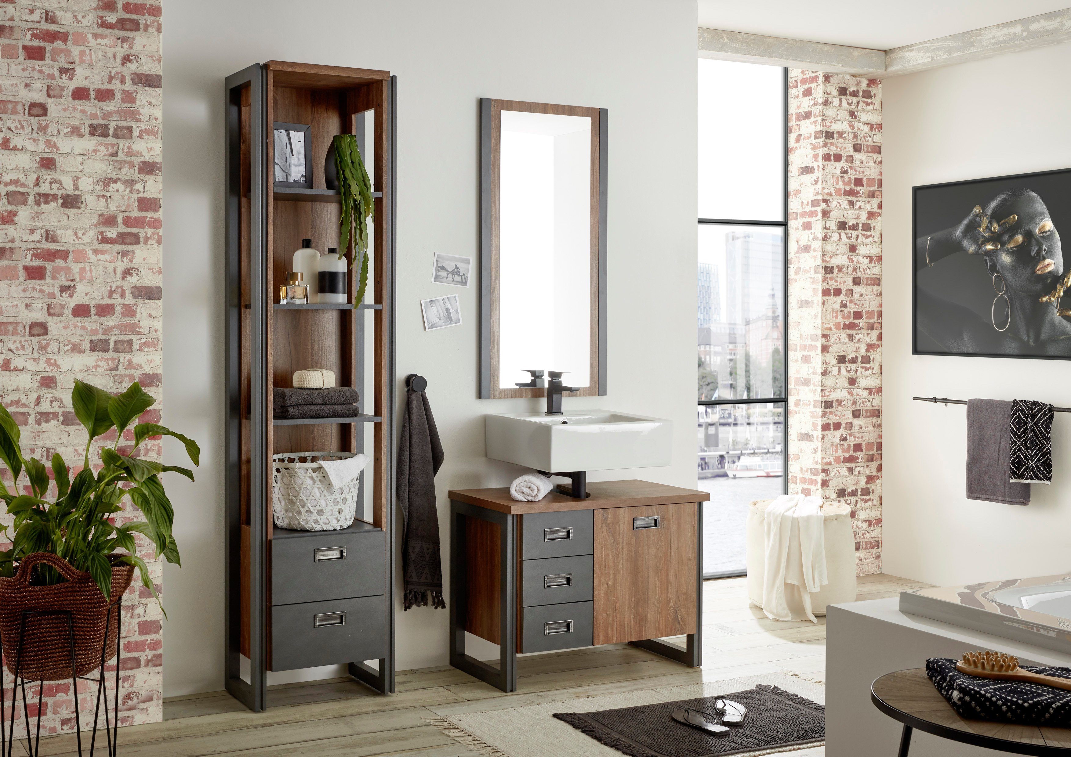 Home affaire Badmöbel-Set Detroit, Bad im Industrialdesign, 3-teiliges Badezimmer, (Set, 3-St), Unterschrank, Regal & Spiegel, holzfarben, offene Fächer & Stauraum