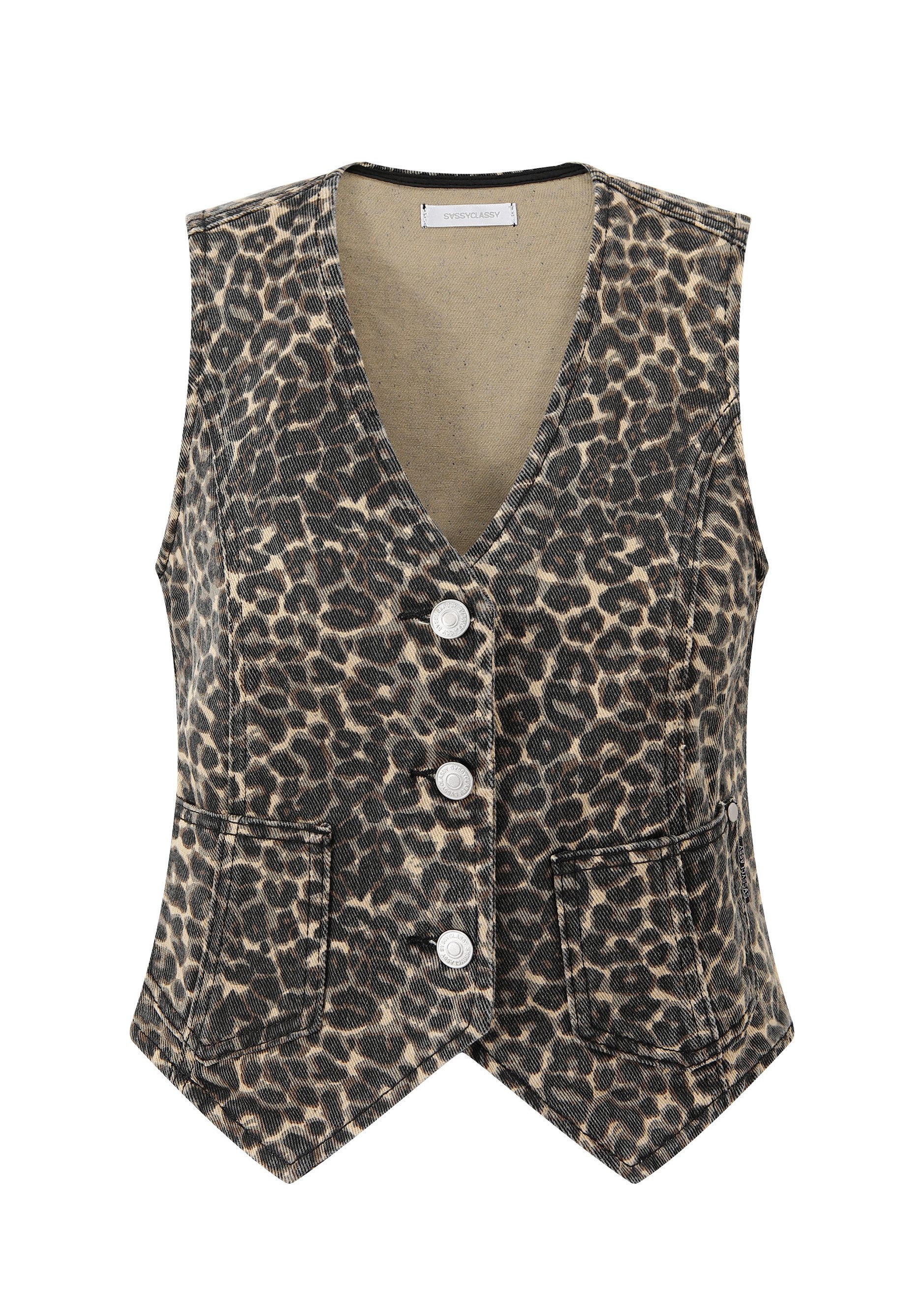 SASSYCLASSY Kurzweste Jeans Weste mit Leo-Print günstig online kaufen