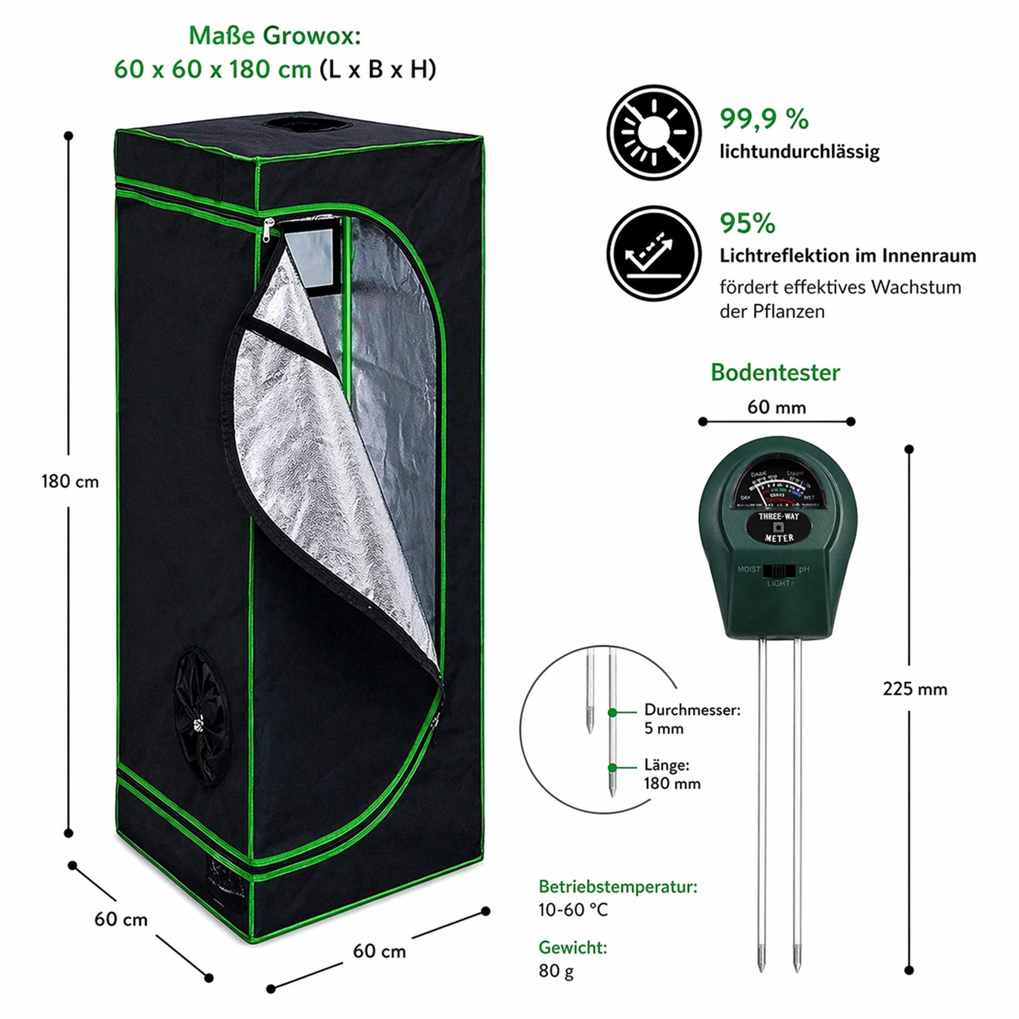 Mucola Gewächshaus Growbox Indoor Gewächshaus Pflanzenzelt Zuchtzelt Growroom Darkroom, Stück, inkl. 3 in 1 Feuchtigkeitsmessgerät für Pflanzen