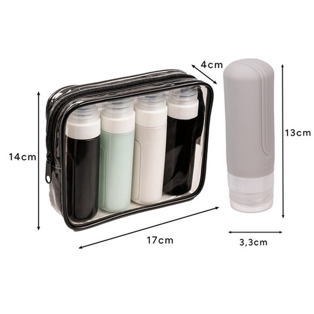 Trizand Kosmetiktasche Reise-Kosmetiktasche Handgepäck (Spar-Set, Reiseflaschen), 4 Flaschen à 90 ml, optimal für Shampoo, Duschgel, Lotion