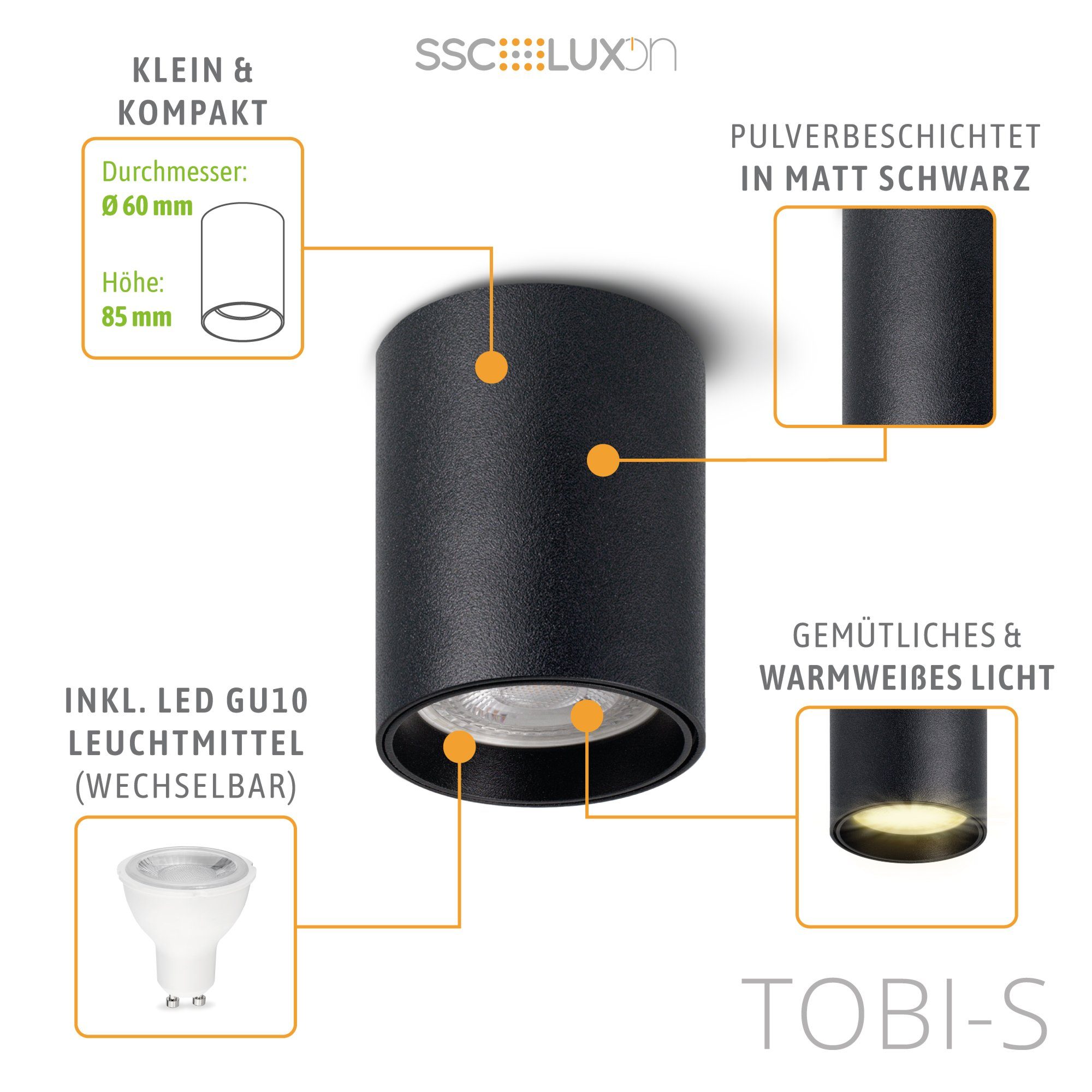 Aufputzleuchte TOBI-S LED Mini mit schwarz GU10 SSC-LUXon wechselbarer Lampe, Aufbauleuchte Warmweiß