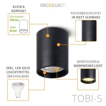 SSC-LUXon Aufbauleuchte TOBI-S Mini Aufputzleuchte schwarz mit wechselbarer LED GU10 Lampe, Warmweiß