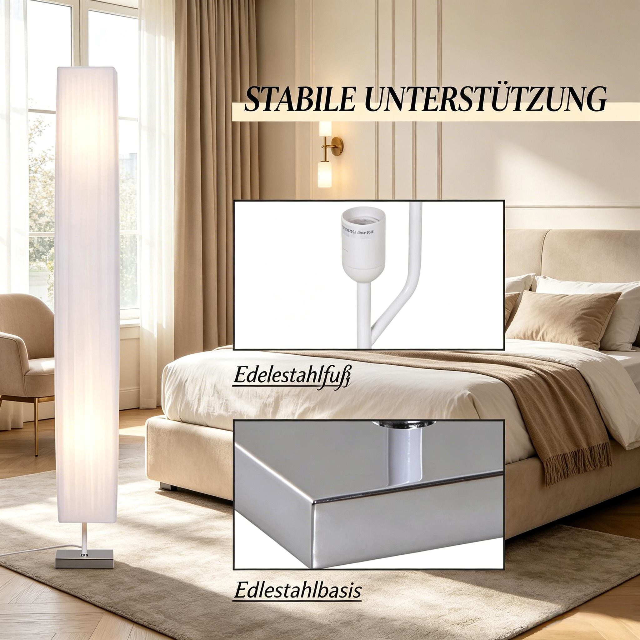 kowdom Stehlampe Weiß 120cm Edelstahl, Schlafzimmer Wohnzimmer Säulenlampe, E27, Fußschalter; Rutschfeste Pads; Schlankes Design