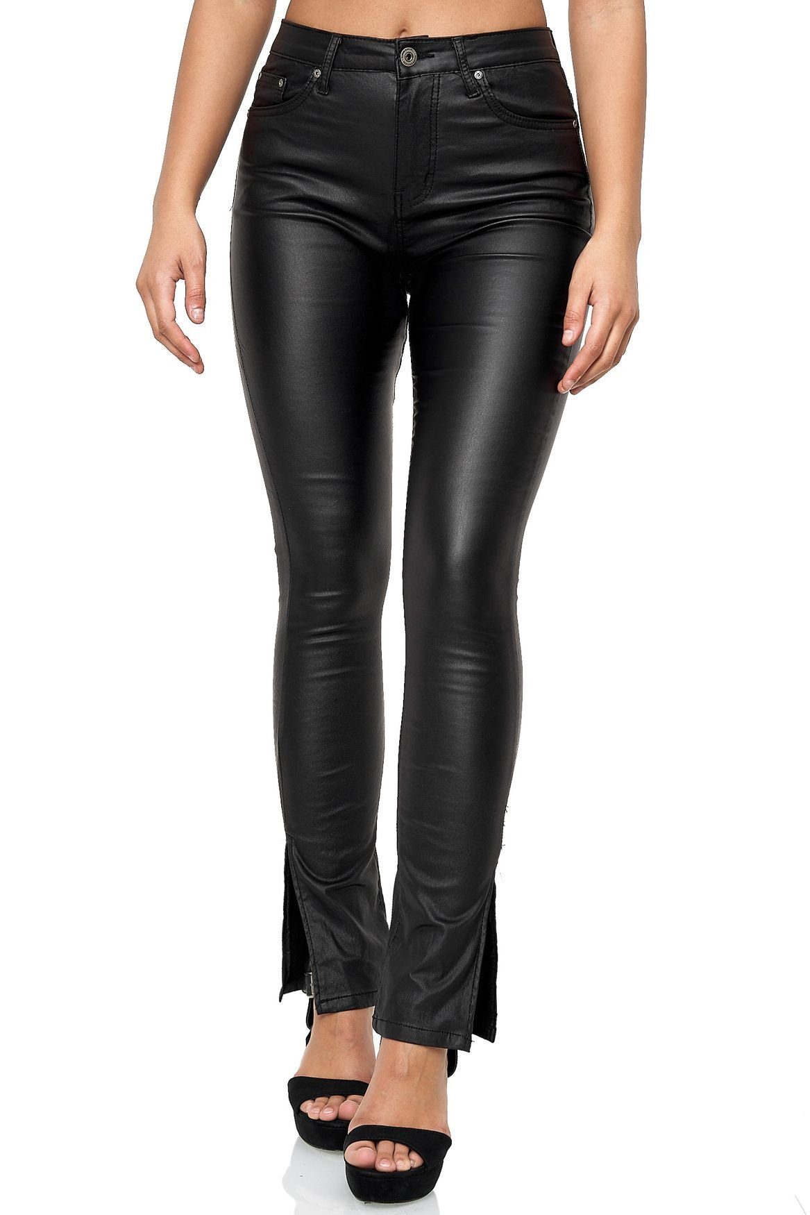 NEWPLAY Lederimitathose Lederoptik Skinny Jeans Gefüttert High Waist (1-tlg) BLACKPANTS