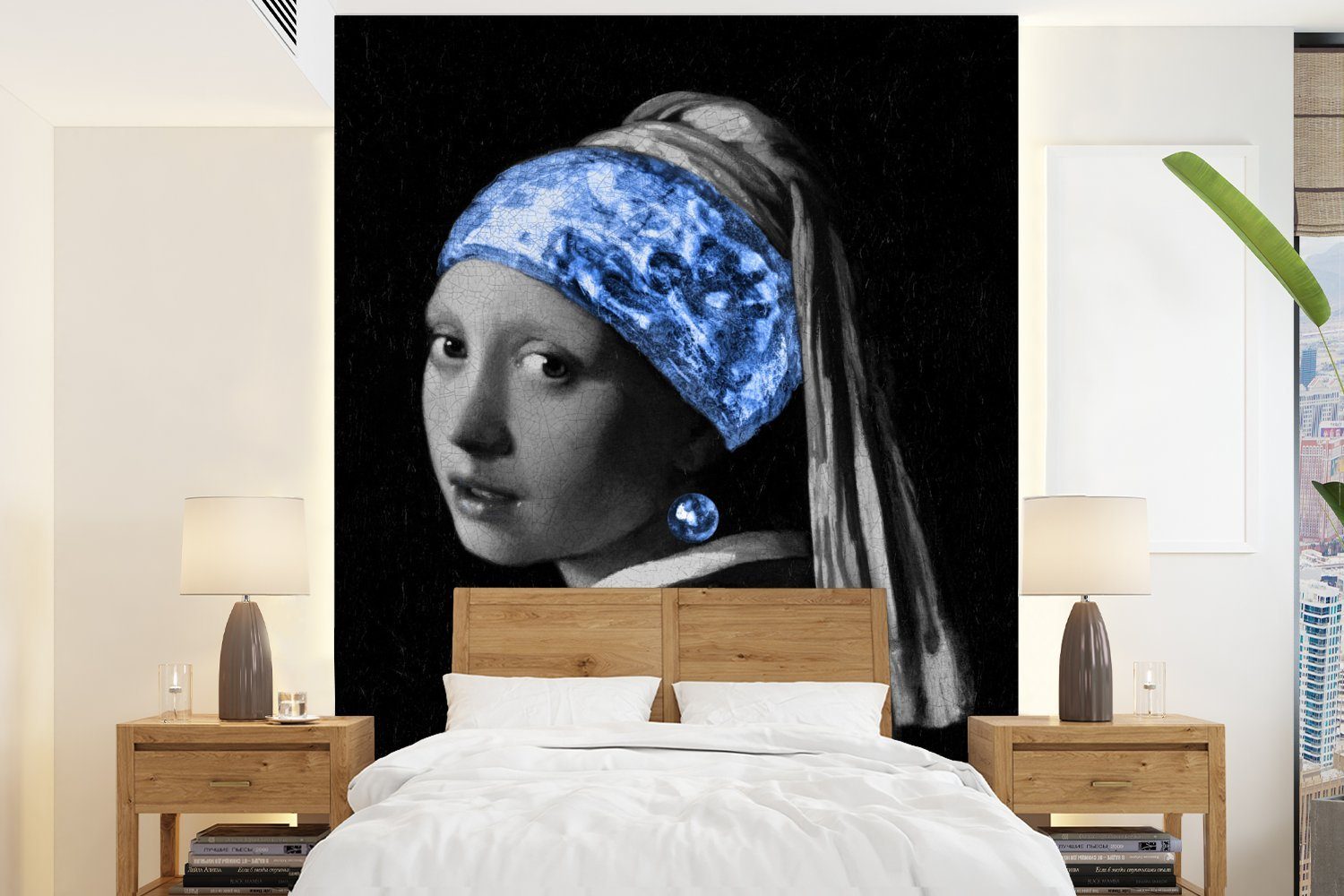 MuchoWow Fototapete Mädchen mit einem Perlenohrring - Alte Meister - Blau, Matt, bedruckt, (4 St), Montagefertig Vinyl Tapete für Wohnzimmer, Wandtapete | Fototapeten