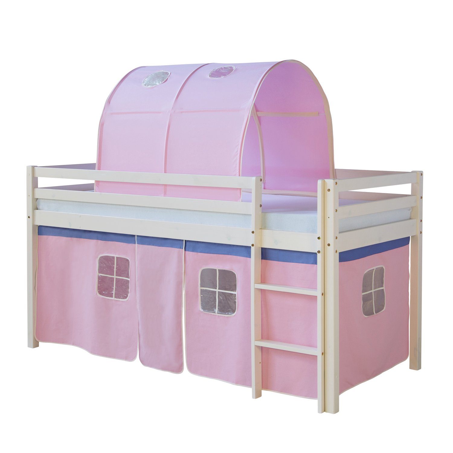 Homestyle4u Hochbett Kinderbett mit Leiter und Vorhang Weiß Rosa Holz Trepp günstig online kaufen