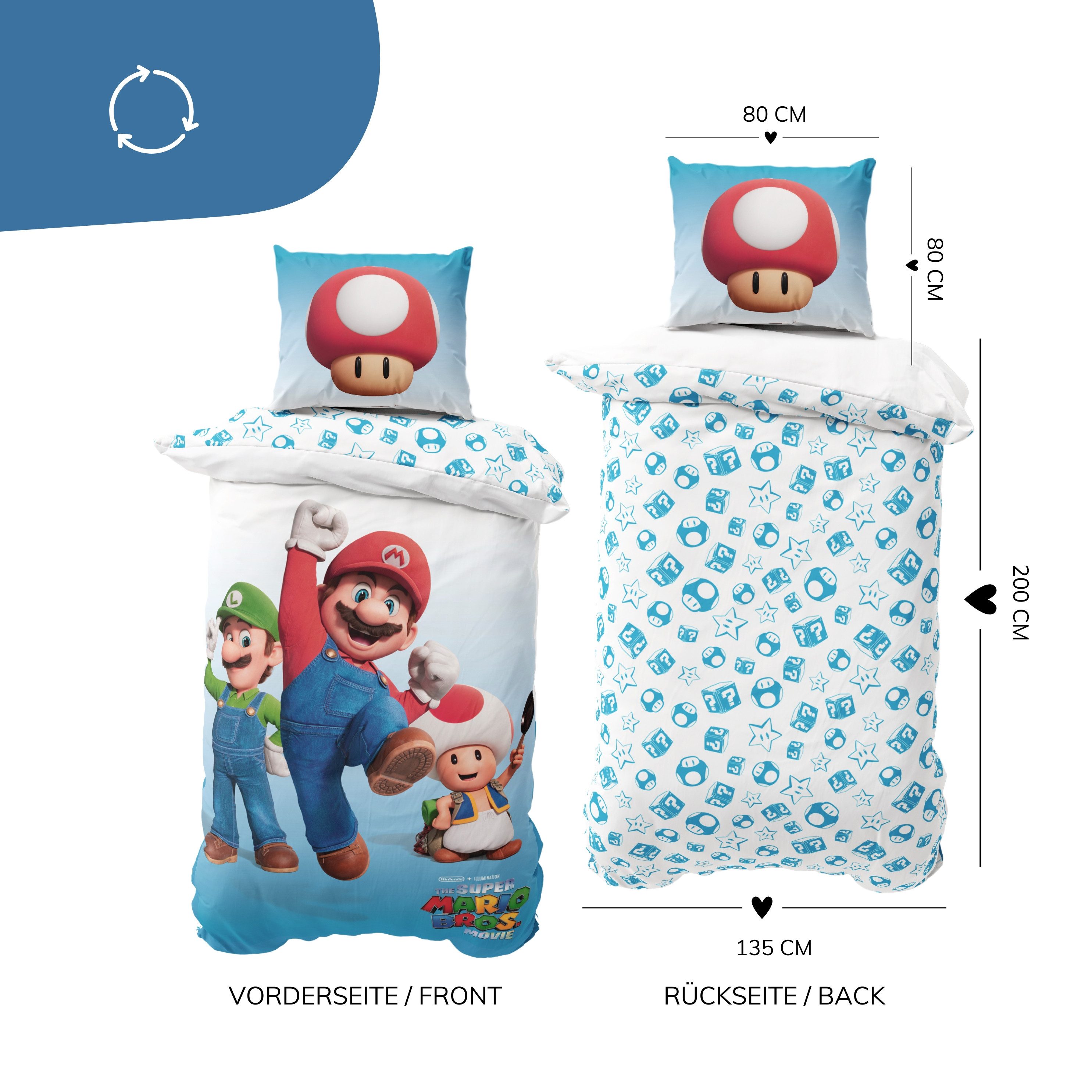 MTOnlinehandel Kinderbettwäsche Nintendo Super Mario, Geschenk für Gamer, Luigi und Toad, Mikrofaser, 2 teilig, Wendebettwäsche für Mädchen und Jungs, 135x200 + – Bild 5 von 5