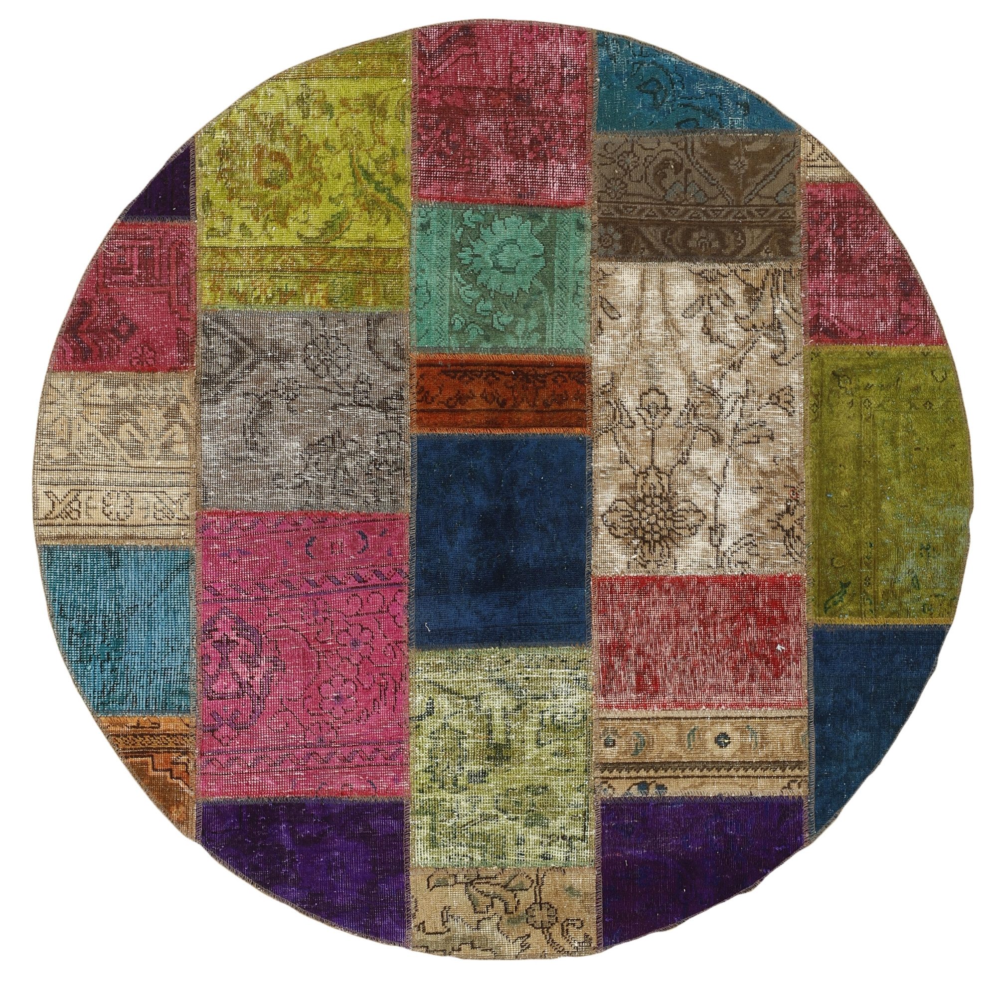 Wohnando Teppich MY-RUG Vintage Patch Work Floral & Ornamentiert 150x150cm, Rund, Höhe: 10 mm, Handgeknüpfter Teppich,Handgesponnene Wolle, mit Naturfarben gegärbt