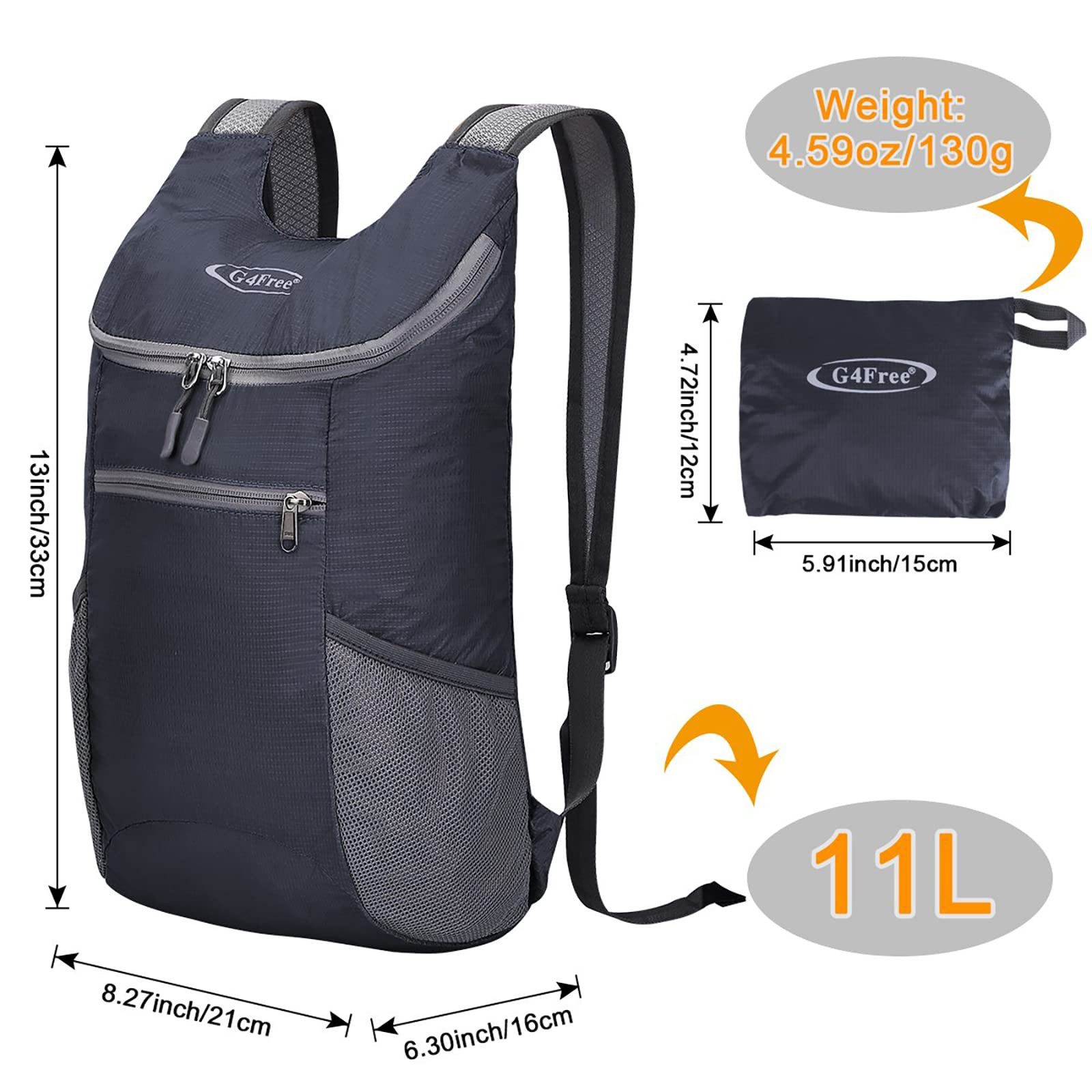 G4Free Wanderrucksack Foldable Rucksack Lightweight Daypack Unisex Packable Travel Rucksack, Leichter, faltbarer Wanderrucksack mit 11 Litern Volumen
