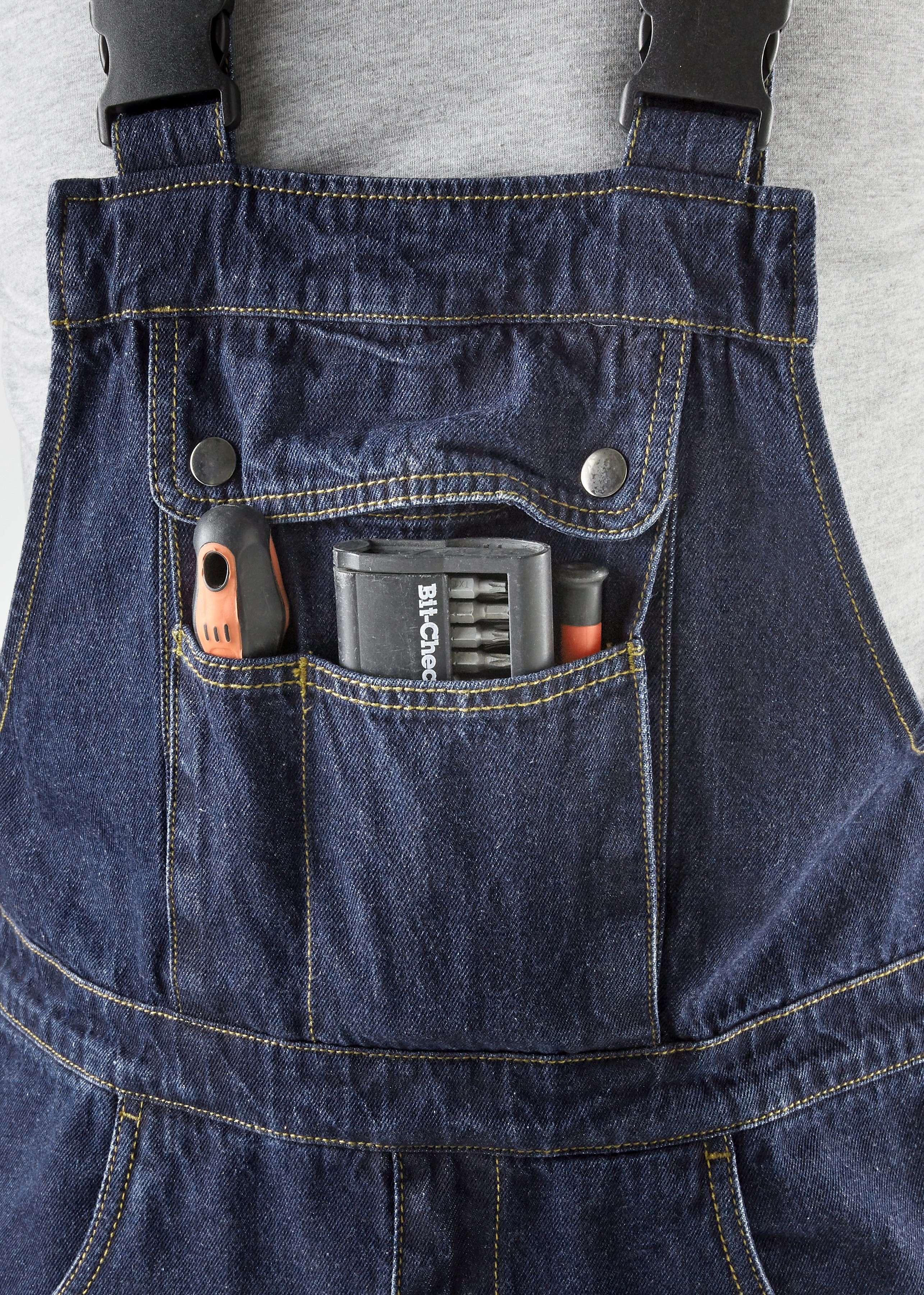 Northern Country Latzhose Worker Jeans und (2-tlg., fit 11 dehnbarem Taschen, strapazierfähig langlebig) aus praktischen 2er-Pack, Baumwolle, comfort Bund, Latzhosen 100% mit