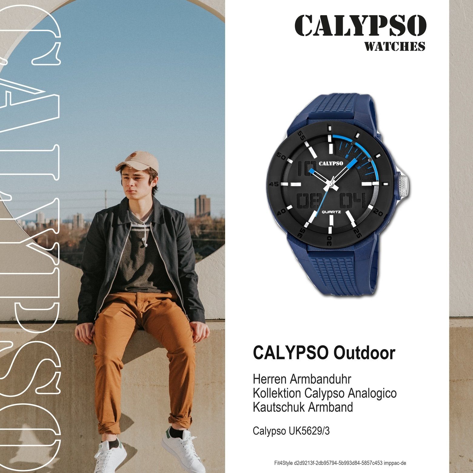 Armbanduhr CALYPSO Herren K5629/3 Kautschukarmband Quarzuhr Calypso Uhr rund, Outdoor WATCHES blau, Kunststoffband, Herren