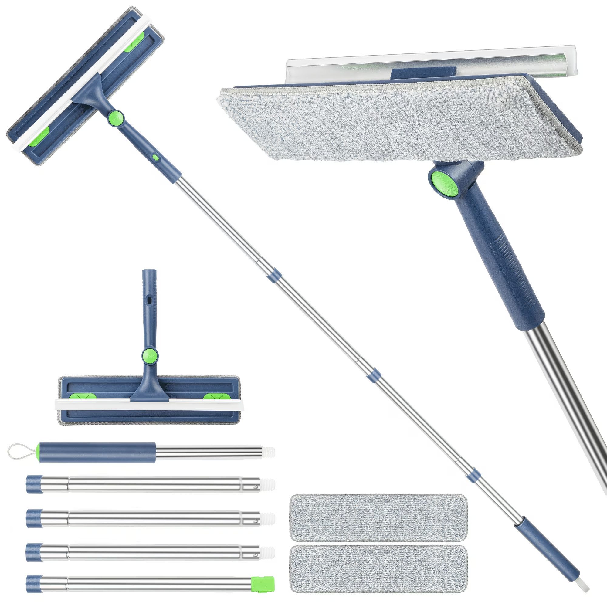 HUGERSTONE Fensterreiniger 2in1 Fensterputzer mit Teleskopstange (10-63inch) und Fensterabzieher, (1 x Fensterreiniger 1 x Fensterabzieher 2 x Reinigungstücher) Profi Fensterreinigungsset mit 2 Wischmopps für Bad, Fenster, Glas