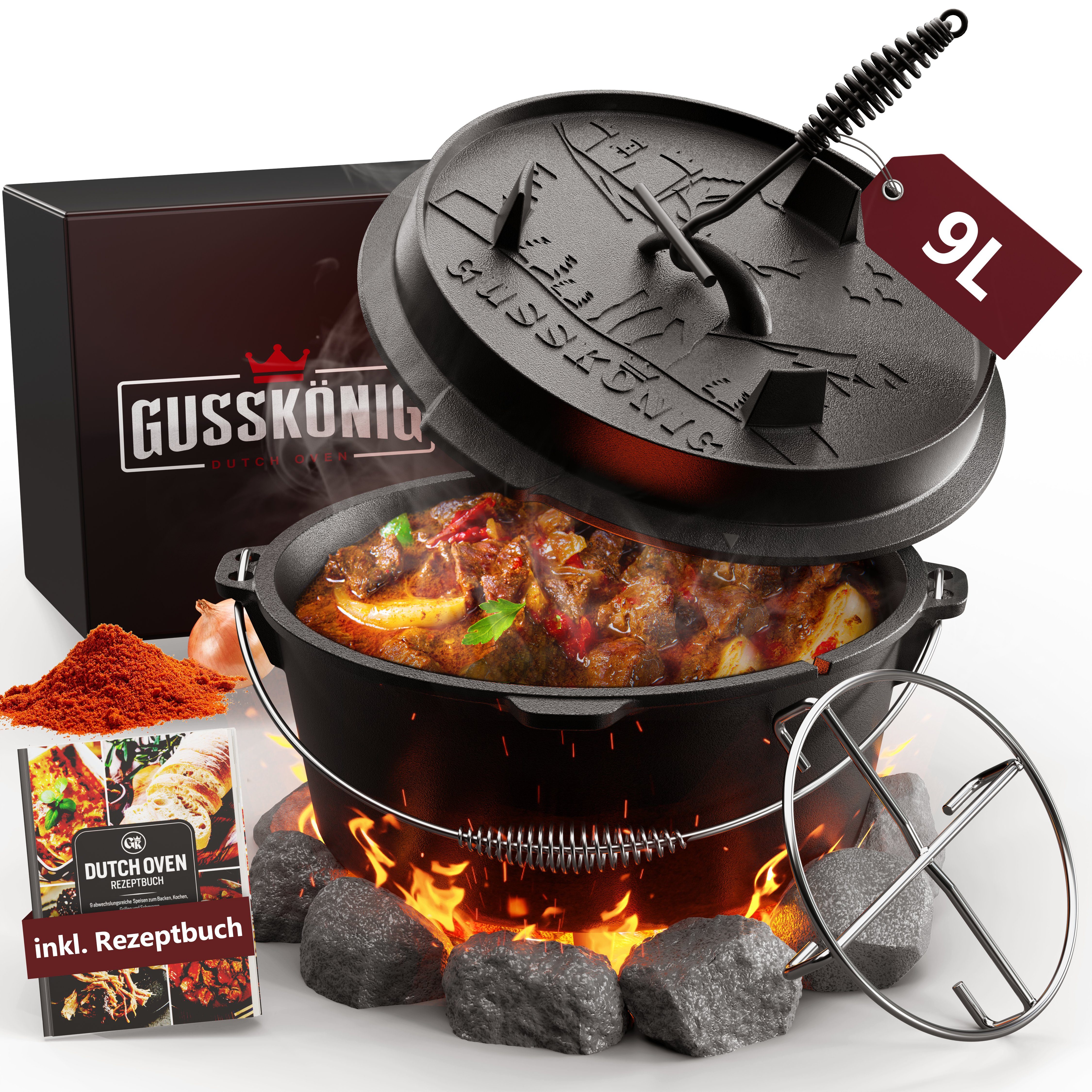 Versandhandel im Ausland GUSSKÖNIG Grilltopf GUSSKÖNIG Dutch Deckelheber mit Oven Set [9L] und Untersetzer