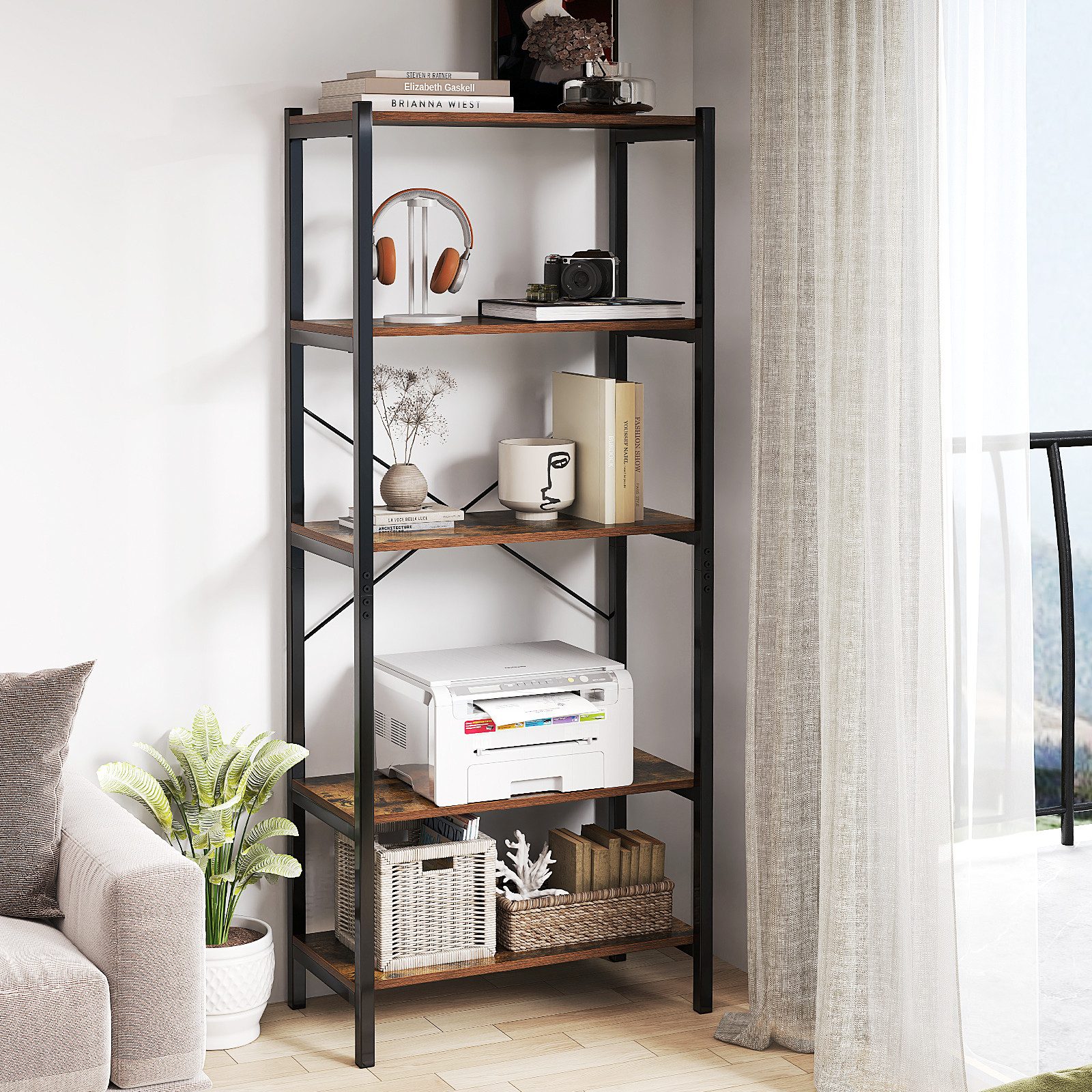 COSTWAY Bücherregal, Standregal industriell aus Holz mit Metallrahmen, 66x34x161cm