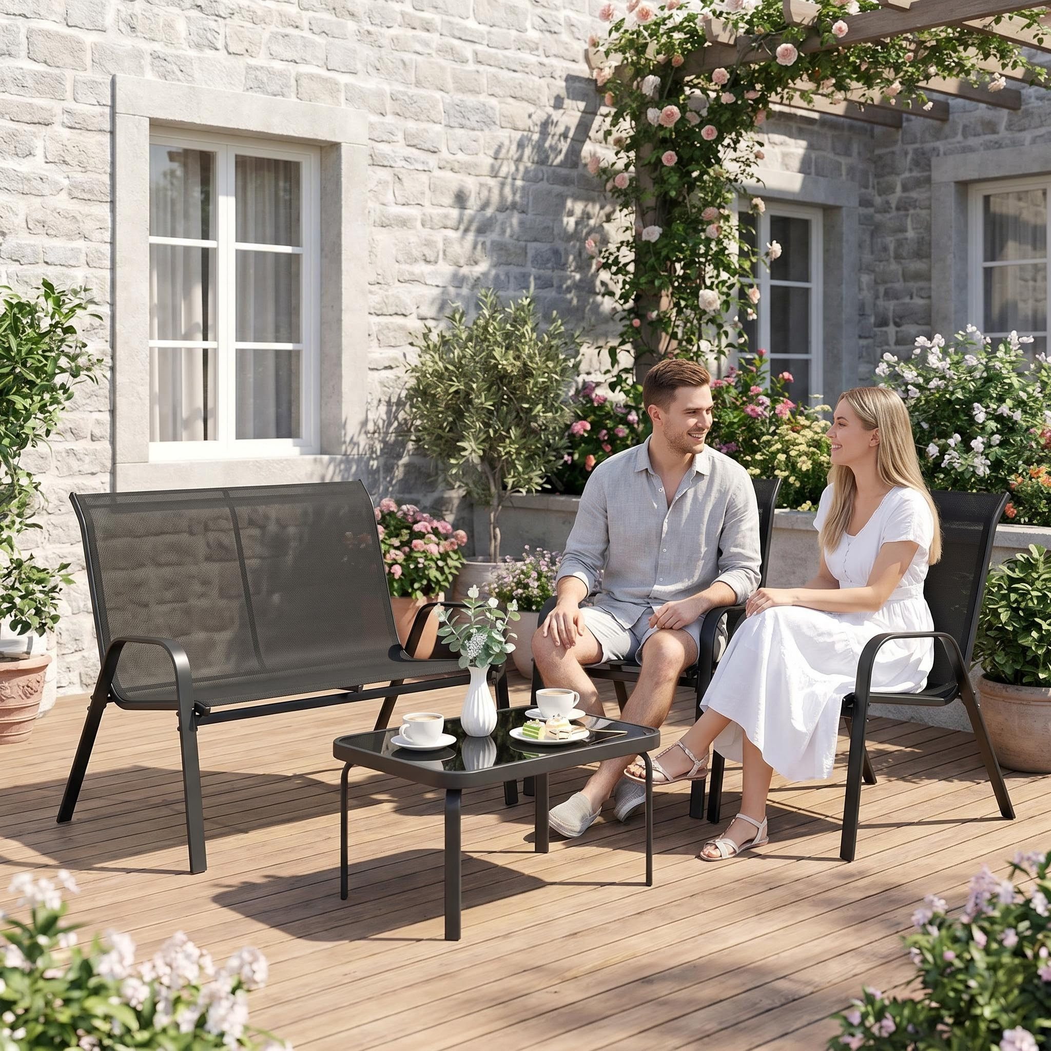 TLGREEN Gartenlounge-Set 4-teiliges Gartenmöbel Set, (Wetterfeste Sitzgruppe mit 1 Gartenbank, 2 Stühlen & 1 Glastisch, Textilene Outdoor Lounge), Modern Balkonmöbel für Kleiner Balkon Terrasse Garten