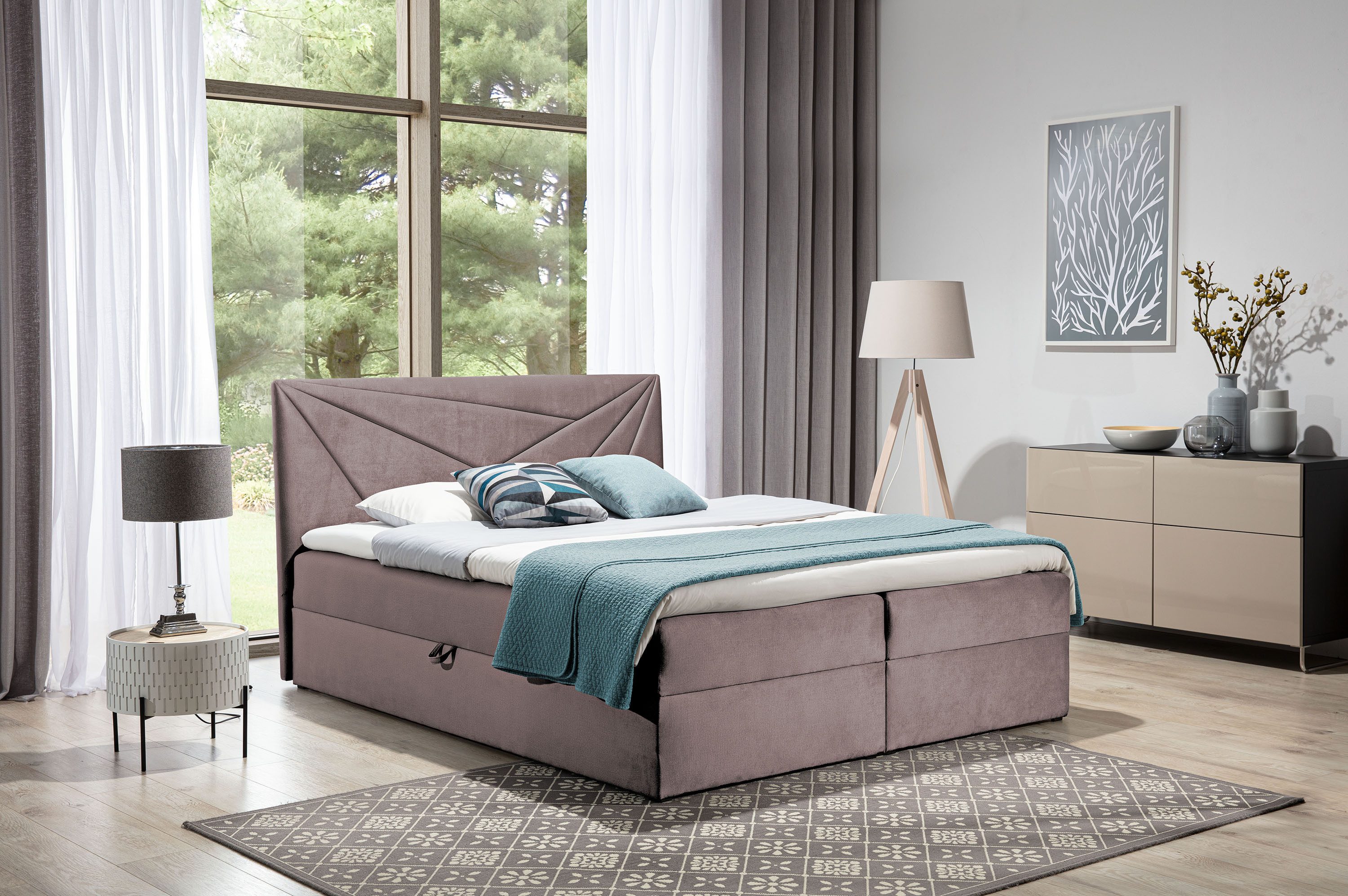 Fun Möbel Boxbett Schlafzimmerbett CARLITA in Stoff Elissa Velvet (Gepolstertes Kopfteil, Inkl. Topper), Inkl. Bettkasten