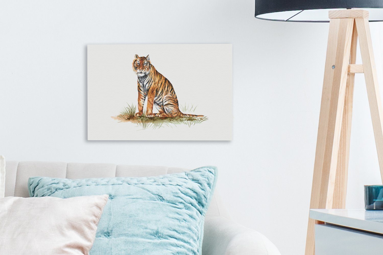 OneMillionCanvasses® Leinwandbild Tiger - cm (1 Gras Wanddeko, Aufhängefertig, Orange, 30x20 - Wandbild Leinwandbilder, St)