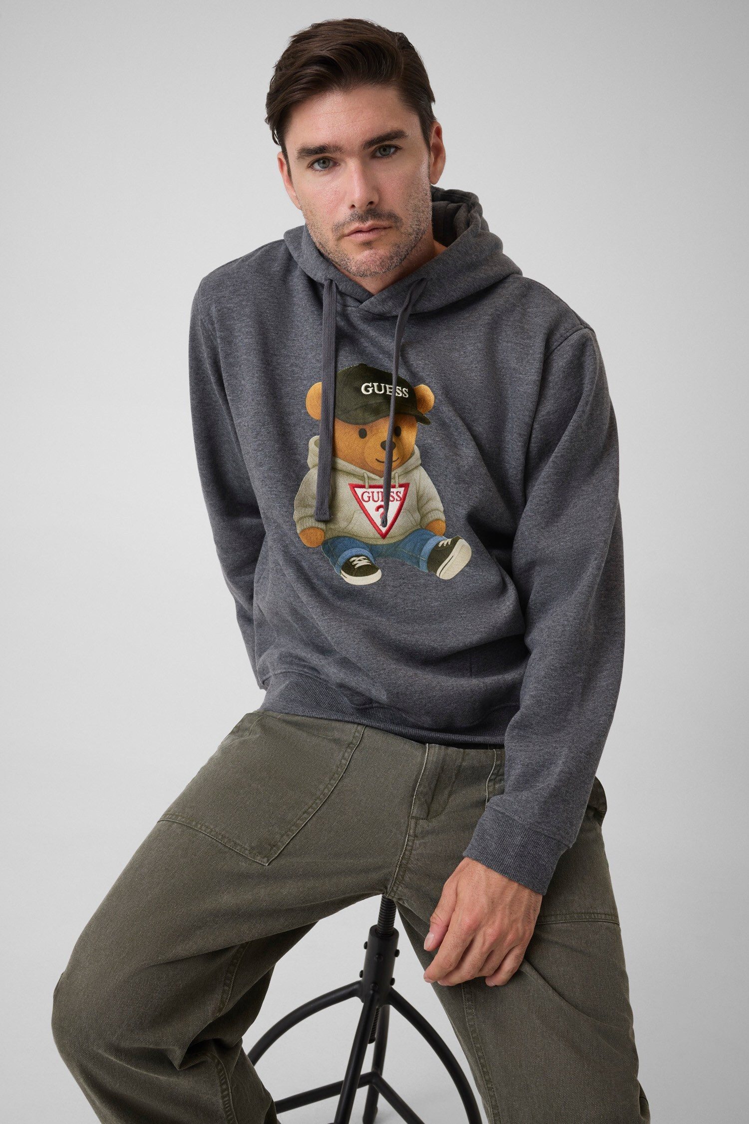 Guess Hoodie TEDDY BEAR MELANGE melierte Sweatqualität, Kapuze mit Kordelzug
