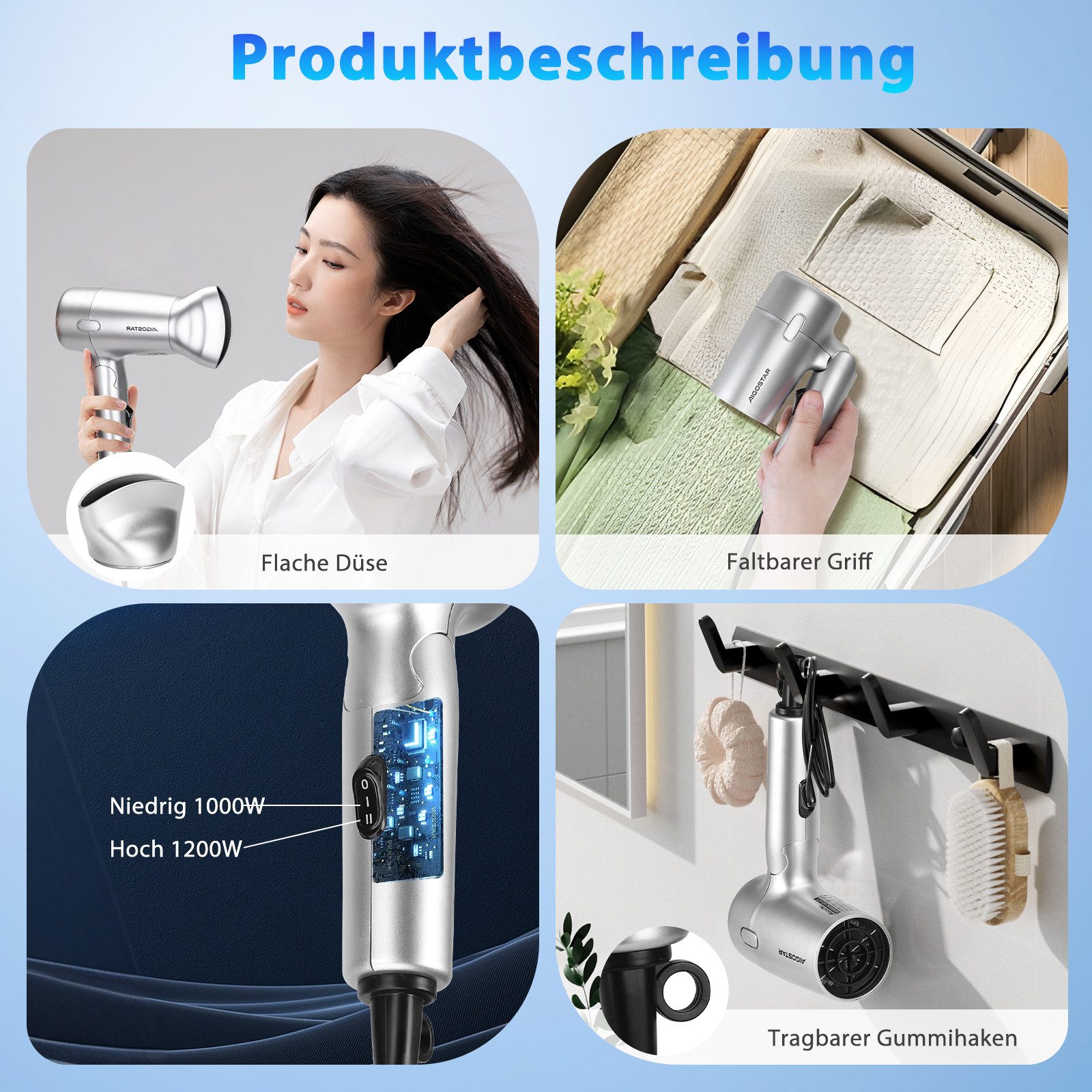 Aigostar Reisehaartrockner Aigostar Haartrockner mit klappbarem Griff, tragbar, Sicherheitsschutz, 1200,00 W, 2 Geschwindigkeits- und Wärmeeinstellungen