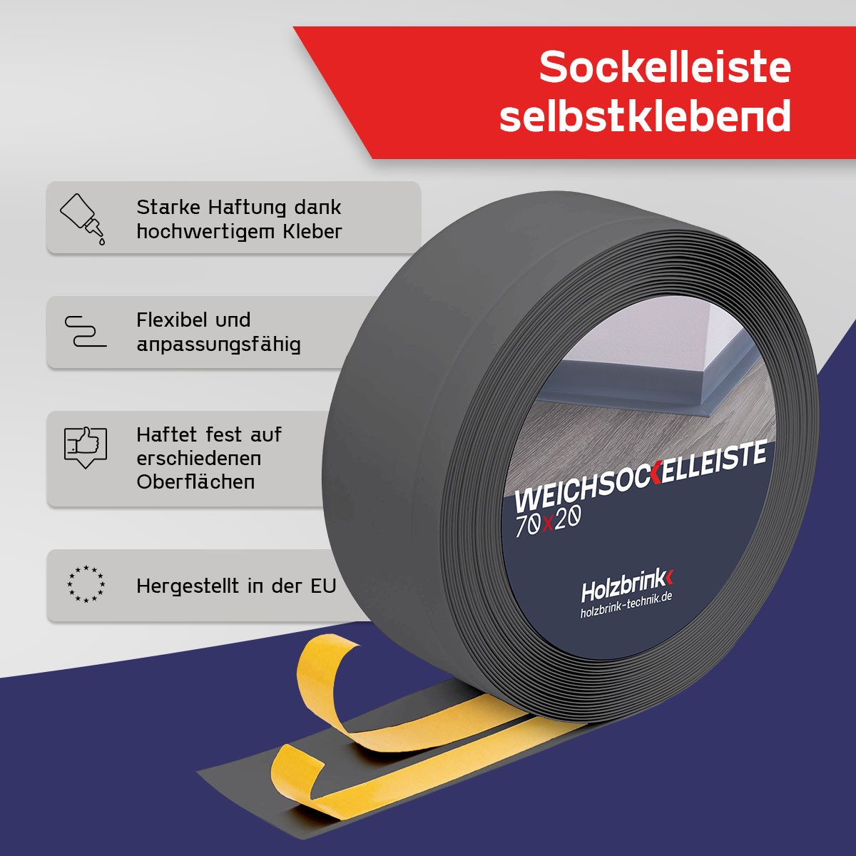 HOLZBRINK Sockelleiste HOLZBRINK selbstklebend PVC 70x20mm, 1 m, L: 100 cm, 1m Rolle, Küchenleiste Abschlussleiste für Badezimmer Farbe: Graphitgrau