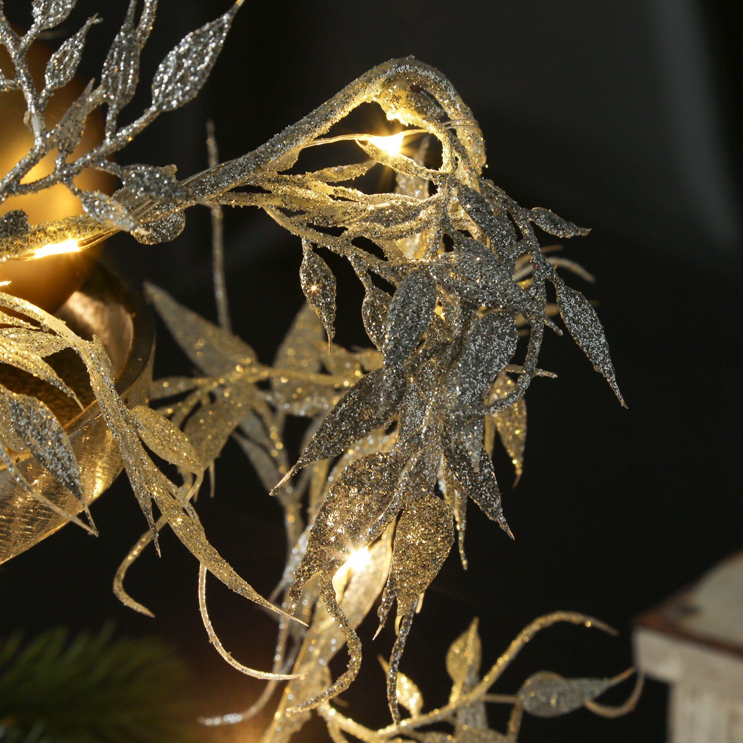 Blätter Girlande 30-flammig Drahtlichterkette silber, LED-Lichterkette glitzernde biegsame MARELIDA 150cm