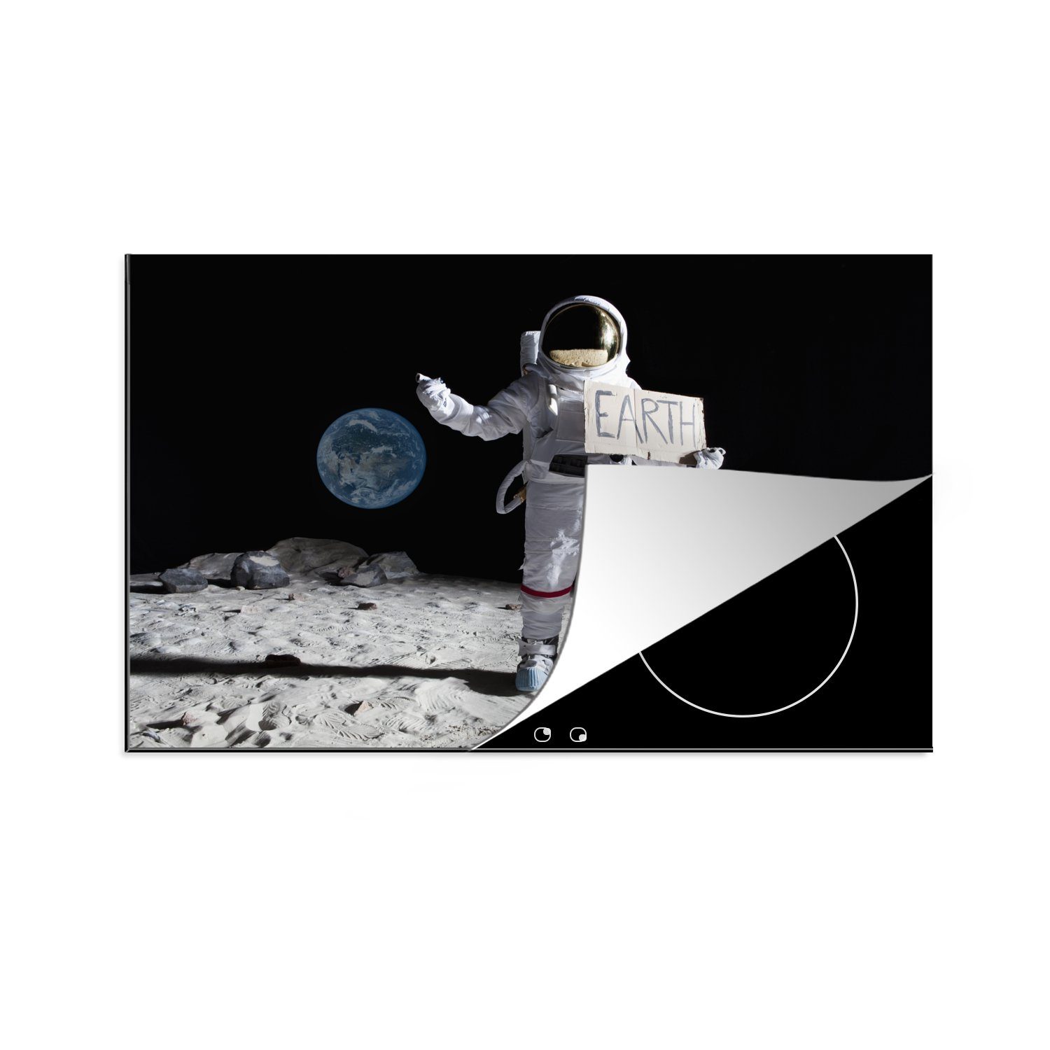 MuchoWow Herdblende-/Abdeckplatte Astronaut - Erde - Mond, Vinyl, (1 tlg), 81x52 cm, Induktionskochfeld Schutz für die küche, Ceranfeldabdeckung