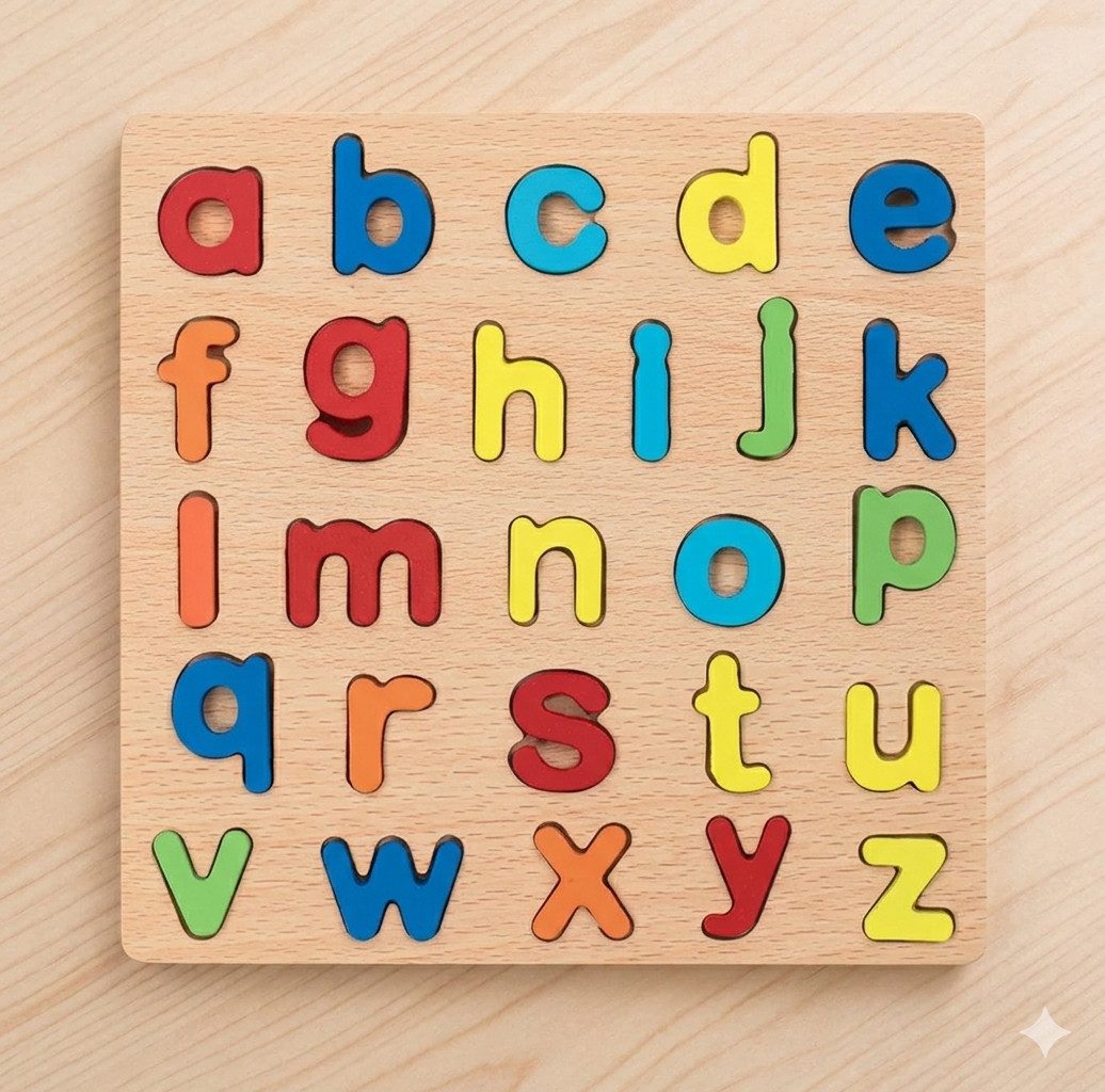 White Fox Studio Steckpuzzle 4er Montessori Puzzle Set – ABC, Zahlen & Formen, Lernspiel aus Holz, 93 Puzzleteile, Erst Motorik, dann Buchstaben und Zahlen lernen
