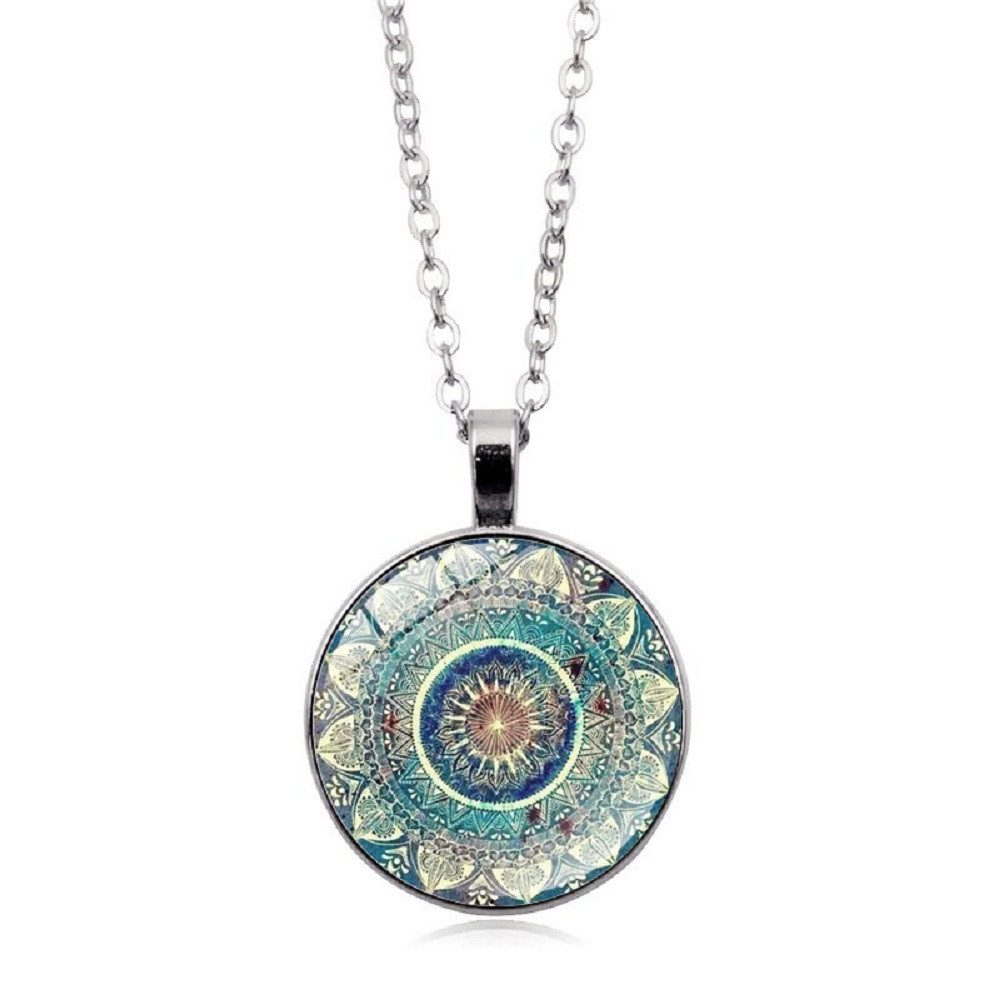 RAIKOU Ohrring und Ketten Set Mandala rund, Boho Vintage Ohrringe/ Kette mit Mandala Muster, Glas Cabochon Ohrhänger 2,8 cm
