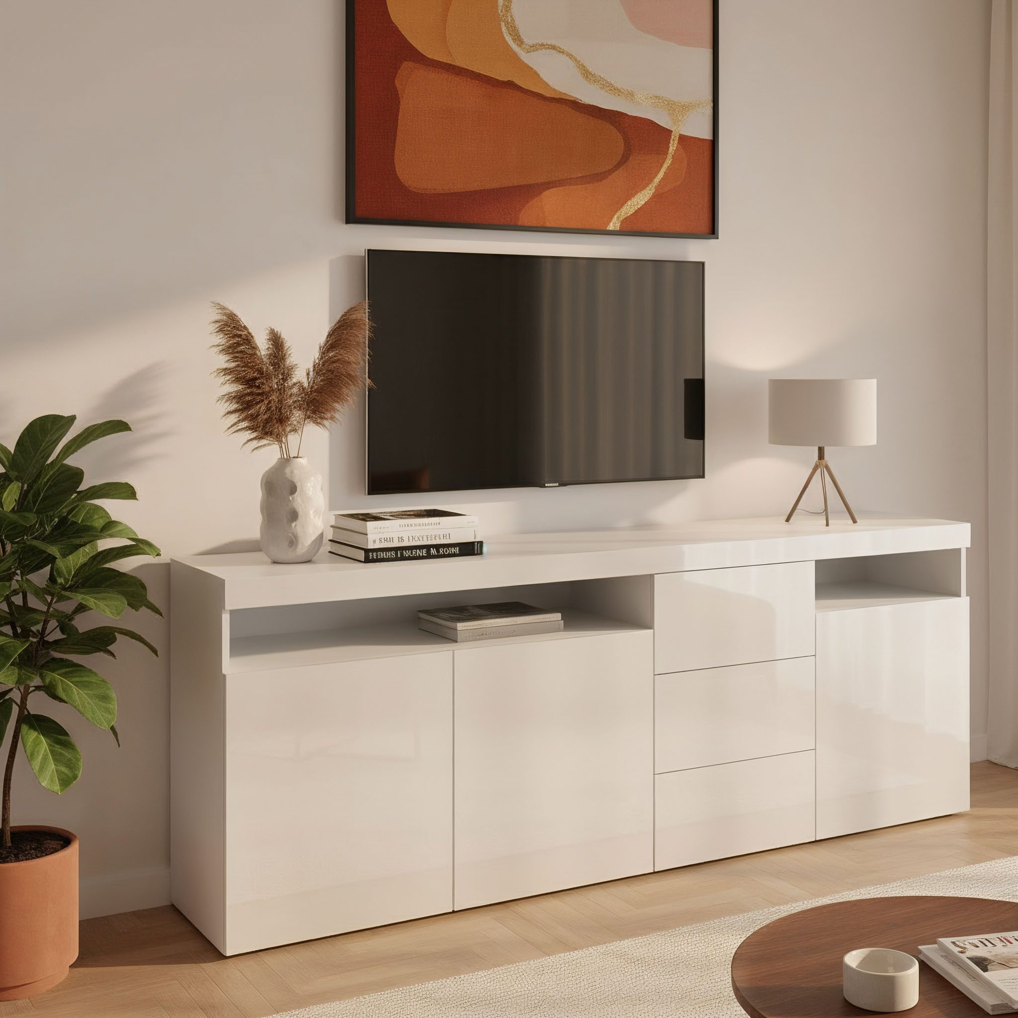 borchardt Möbel Sideboard Kapstadt, Kommode mit Push-to-open-Funktion, Hochglanz-Dekor, Breite 200 cm, 3 Türen, 3 Schubkästen, Modernes Design made in Germany