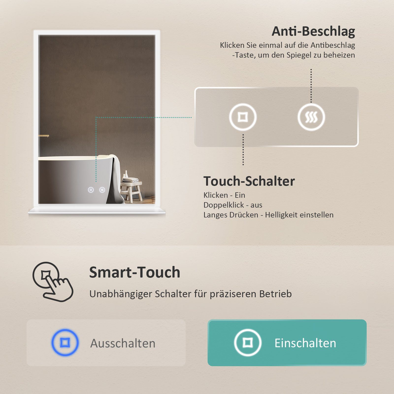 EMKE Badspiegel mit Beleuchtung Ablage Kaltweiß Lichtspiegel, mit Ablage und Beschlagfrei Dimmbar 50x70cm