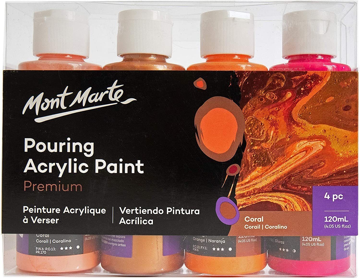 Mont Marte Bastelfarbe PREMIUM Pouring Acrylfarbe, Gieß-Acryl, je 4 x 120 ml, diverse Sets, Untereinander vermischbar & bereits mit Pouring Medium vorgemischt