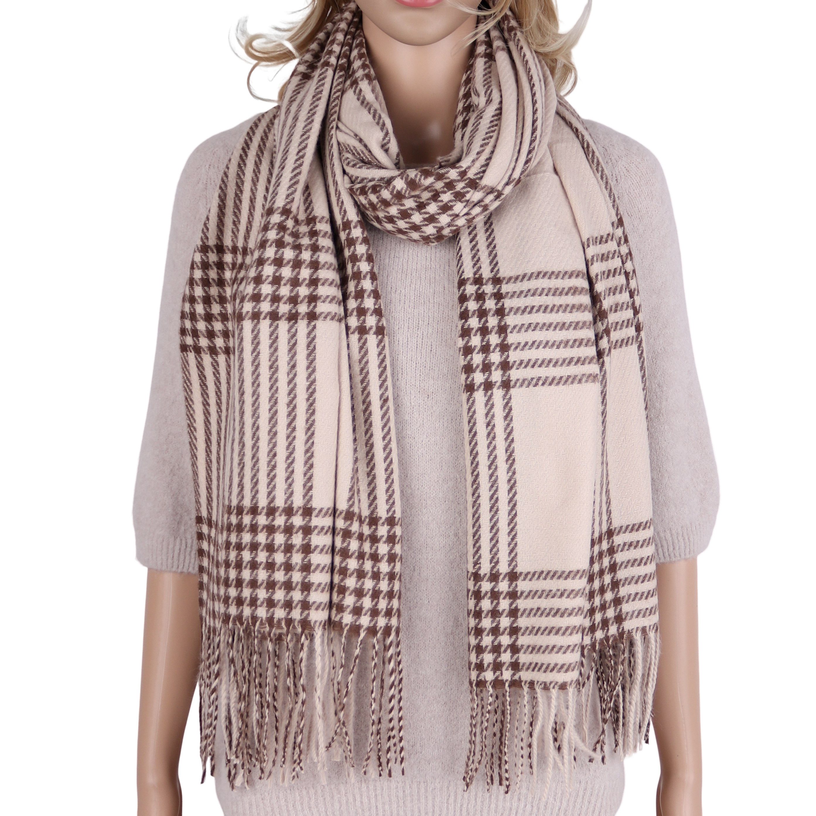 MIRROSI Modeschal weicher und warmer Schal mit Fransen, ca.70x180cm, Karo Muster, (Kariert Muster), Damen Halstuch ideal für Herbst und Winter