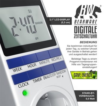 BEARWARE Zeitschaltuhr, digital, 2,1" LCD-Display, max. 3680W, 10 Programme, Zufallsschaltung