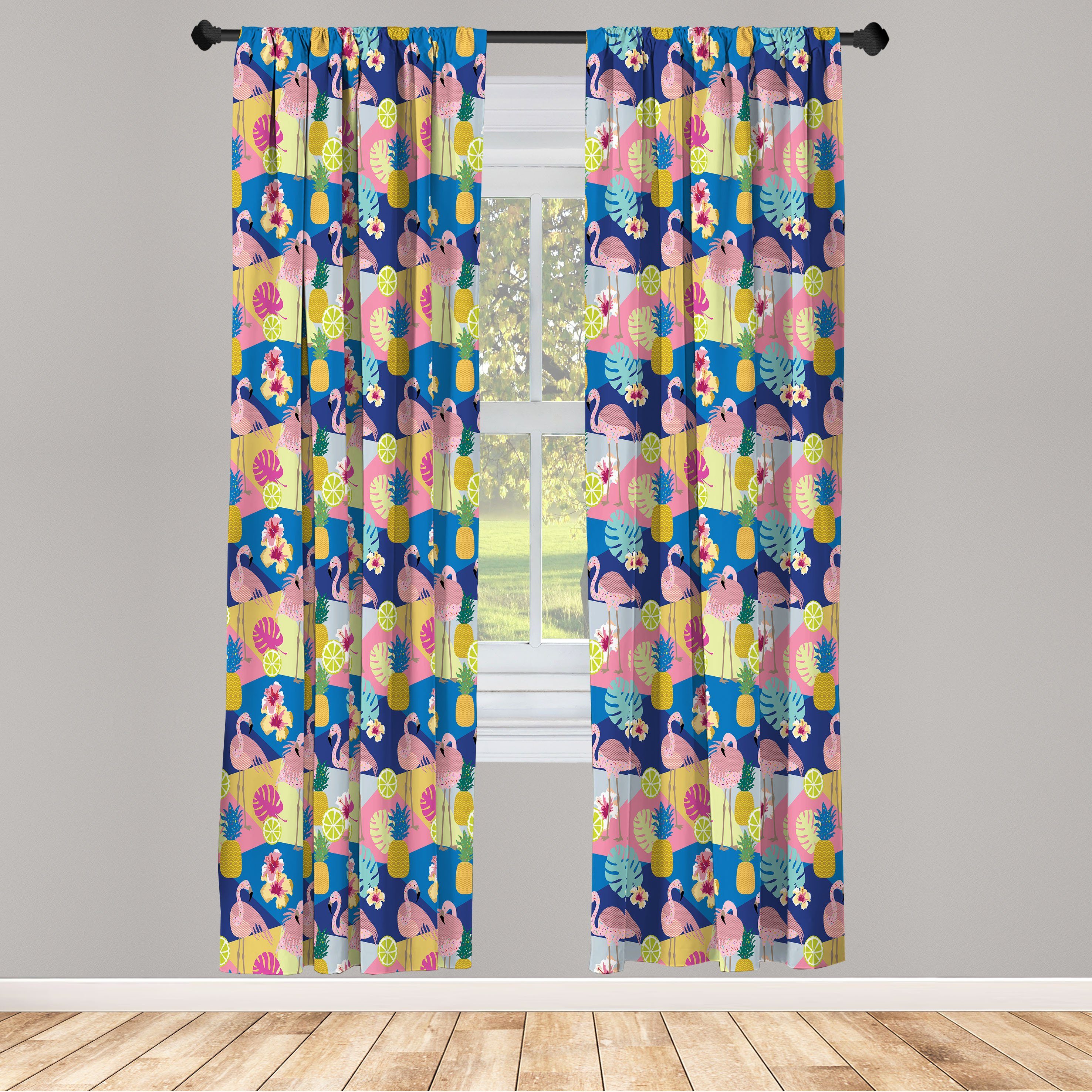 Gardine Vorhang für Wohnzimmer Schlafzimmer Dekor, Abakuhaus, Microfaser, Tropisch Flamingos Monstera Pflanze