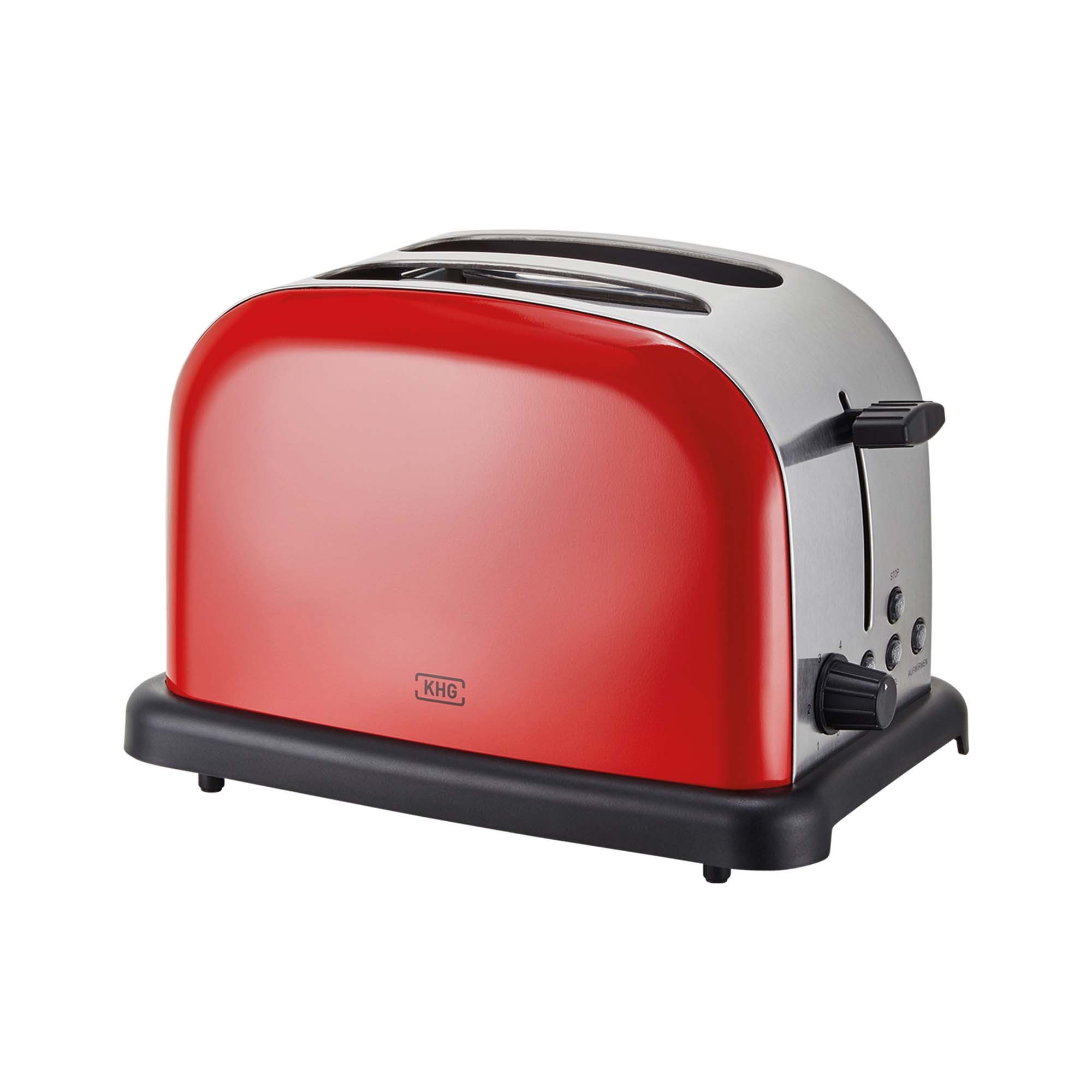 KHG Toaster Edelstahl, Auftau- und Aufwärmfunktion, 6 Bräunungsstufen, 2 kurze Schlitze, für 2 Scheiben, 1000 W, Brötchenaufsatz, Krümelschublade, Bagel-Funktion