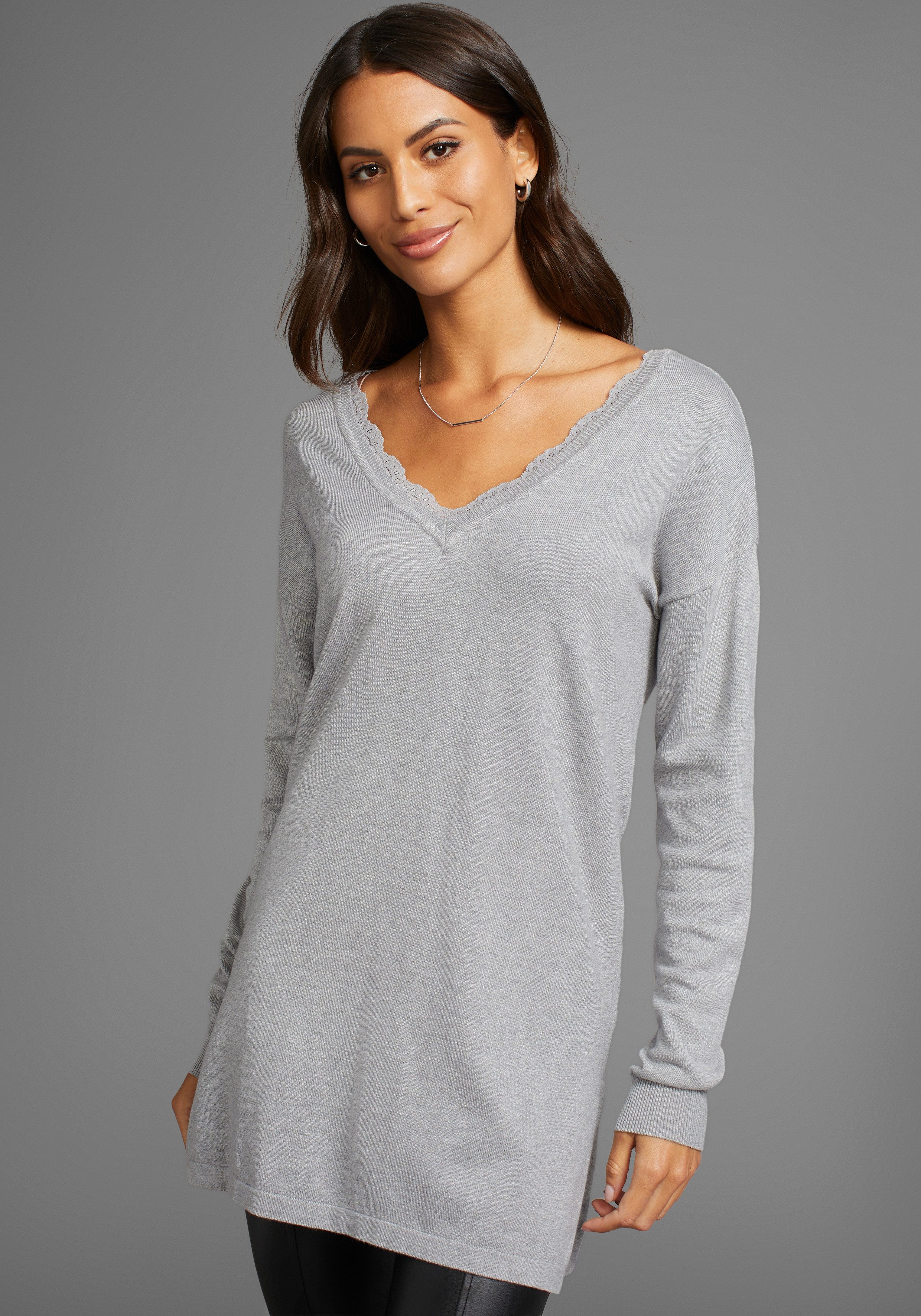 Laura Scott Strickpullover mit spitzenbesetztem V-Ausschnitt günstig online kaufen