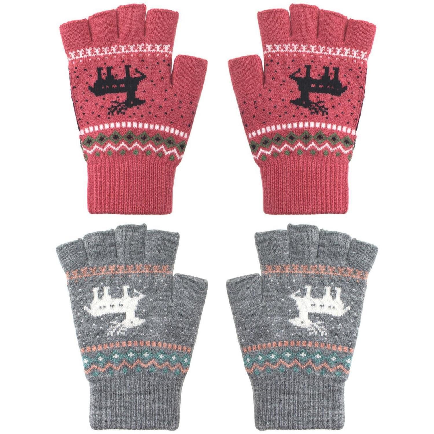 LuxusKollektion Strickhandschuhe Unisex Winter Halbe Finger Handschuhe Rot/Grau (1-St)