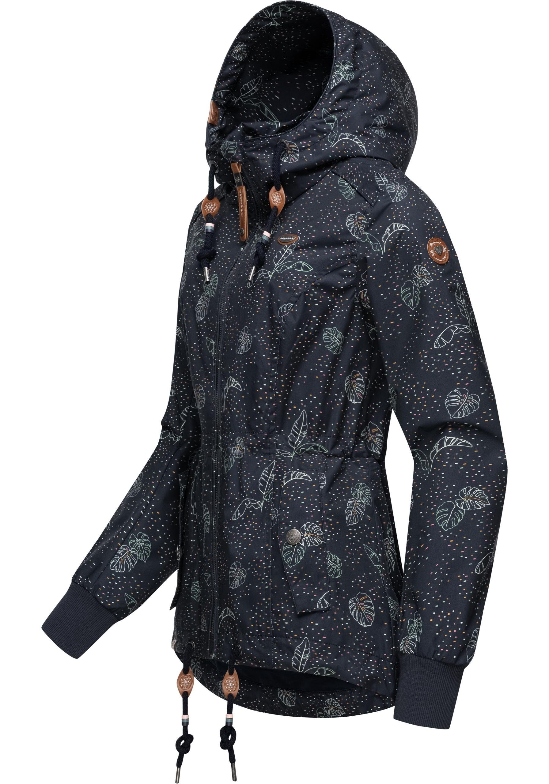 Ragwear Outdoorjacke Danka Leaves Übergangsjacke mit und stylische Print navy Kapuze