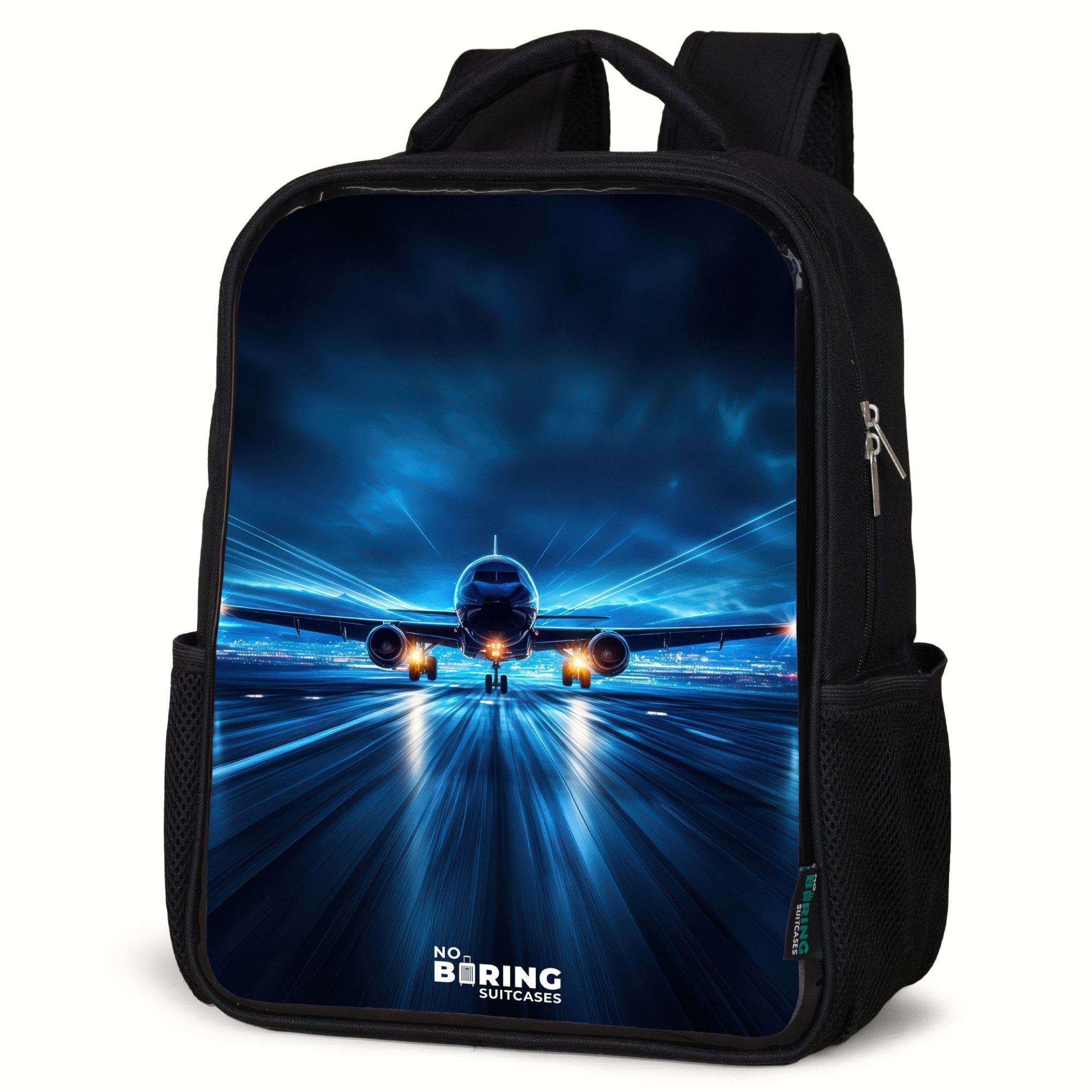 NoBoringSuitcases.com© Rucksack Ein Flugzeug hebt in einer futuristischen Nachtlandschaft ab, Kinderrucksack Schwarz, Schulrucksack, Freizeitrucksack Jungen Mädchen