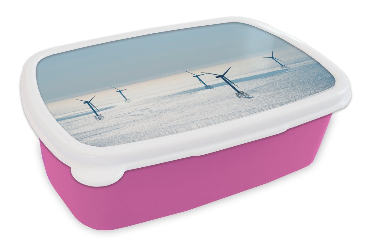 MuchoWow Lunchbox Nordsee - Windmühle - Sonne, Kunststoff, (2-tlg), Brotbox für Erwachsene, Brotdose Kinder, Snackbox, Mädchen, Kunststoff rosa