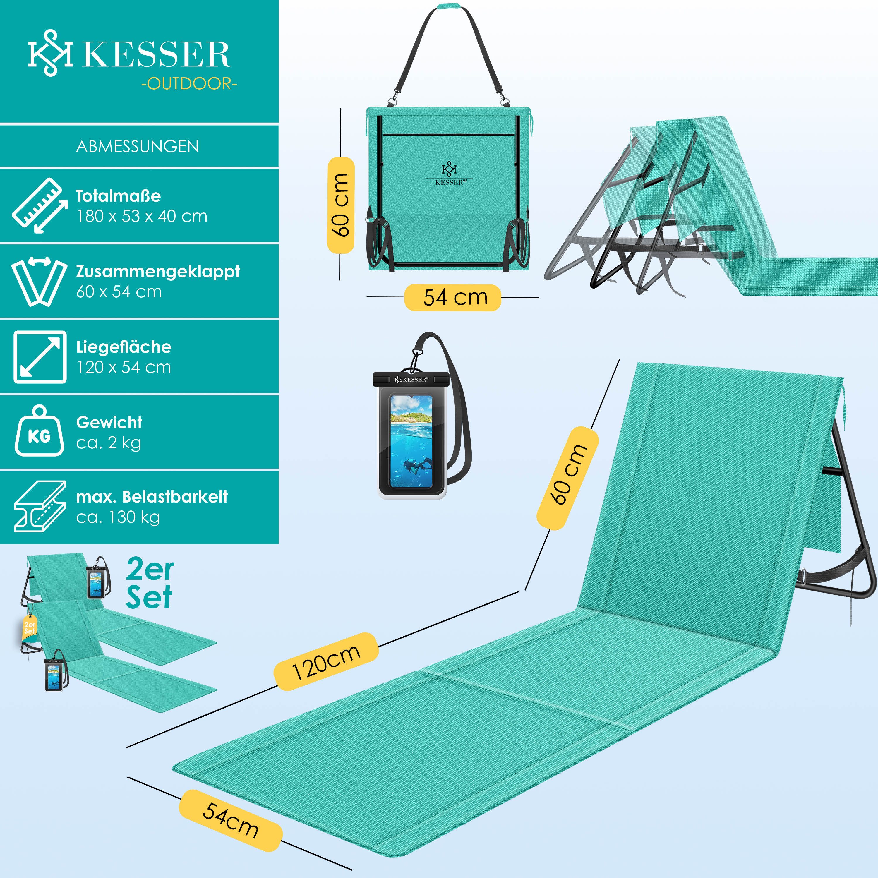 KESSER Gartenliege Strandmatte klappbar mit verstellbarer Rückenlehne max. 130 kg, 2 St., Strandliege mit Tragegurt, wasserdichter Handyhülle & Tragetasche, Sonnenliege faltbar für Strand, Garten & Terrasse Liegematte